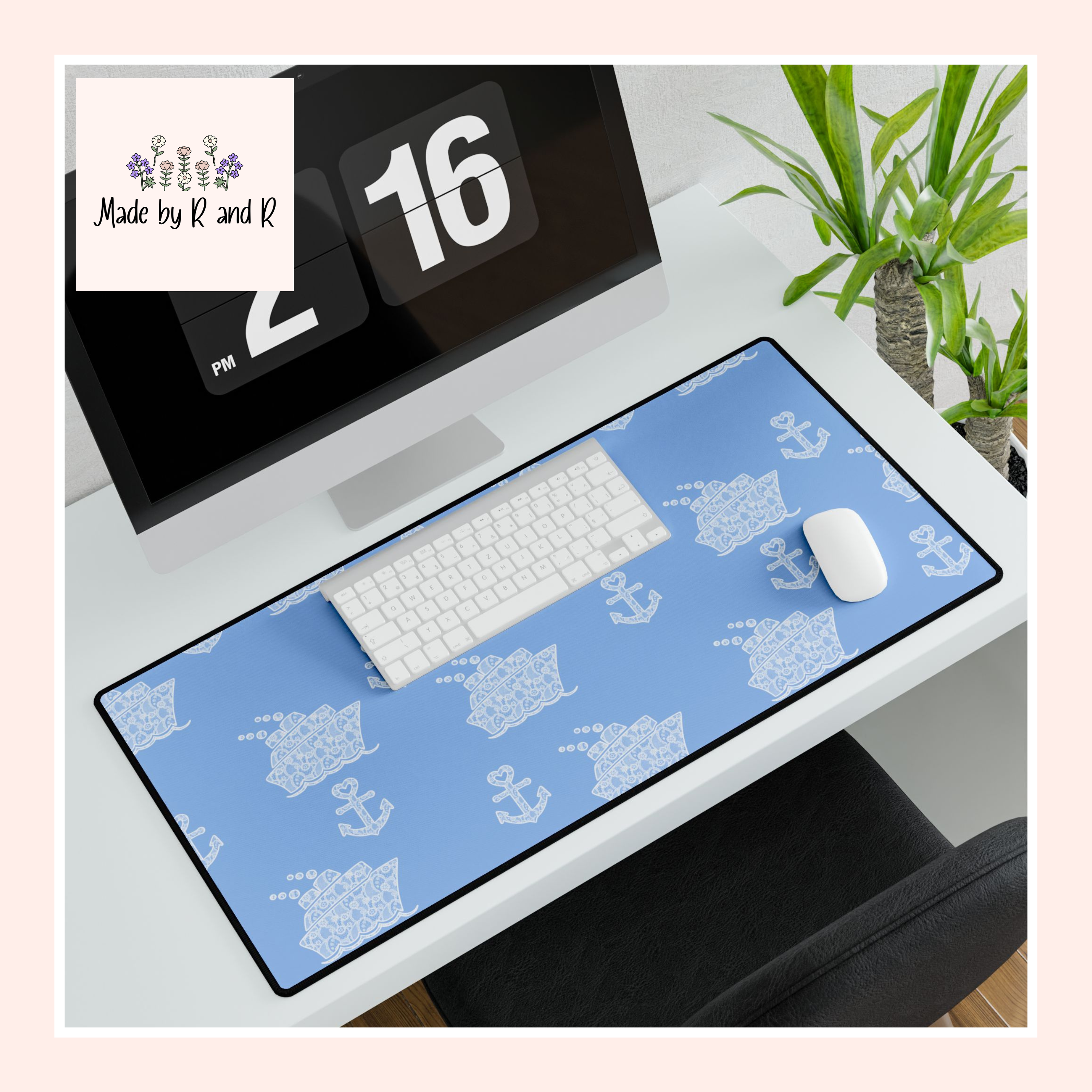 Baby Blue Cruise Ship Desk Mats and Mouse pads with White Lace Anchors and Ships, Office Decor, Cruise Gifts, Home Workspace
