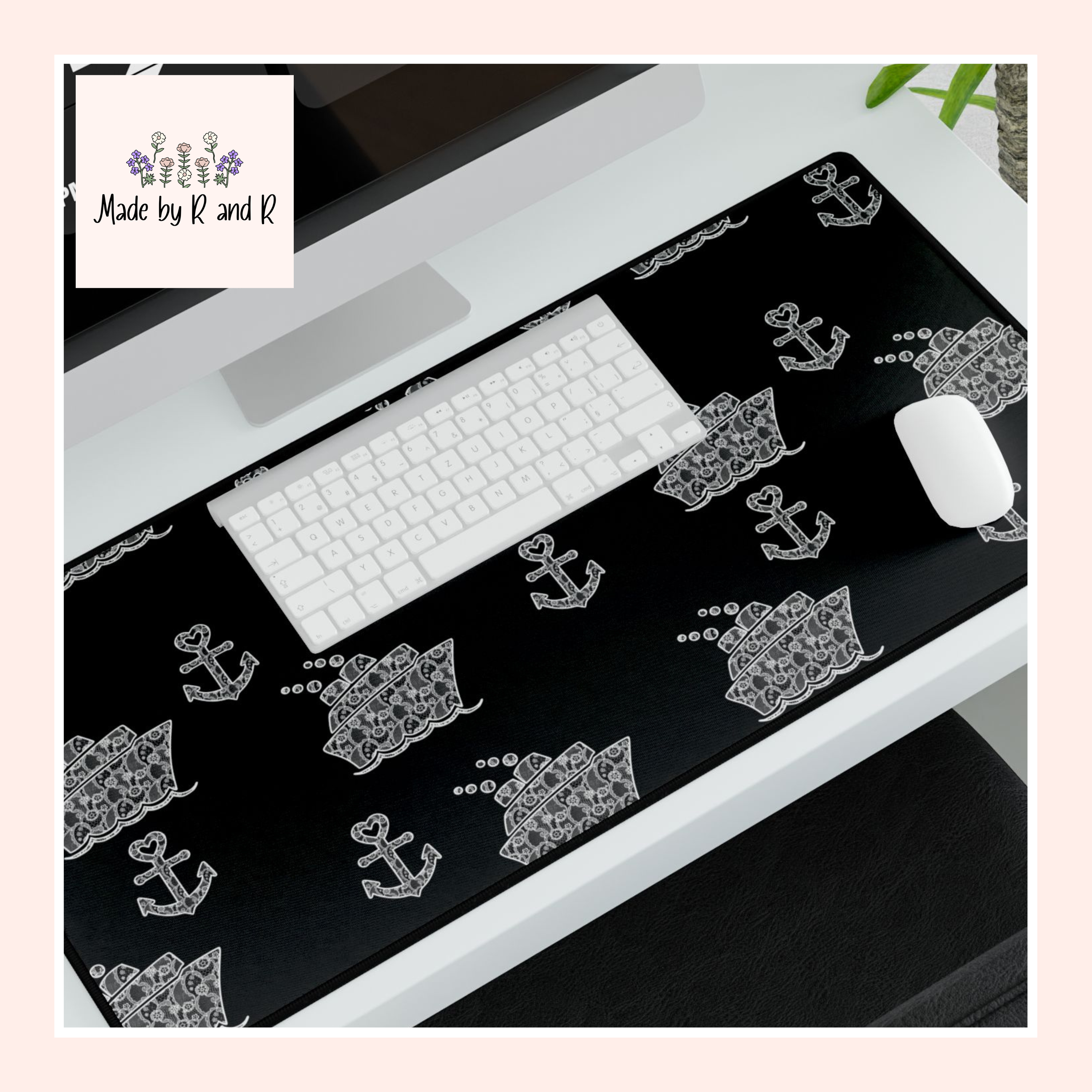 Black Cruise Ship Desk Mats and Mouse pads with White Lace Anchors and Ships, Office Decor, Cruise Gifts, Home Workspace