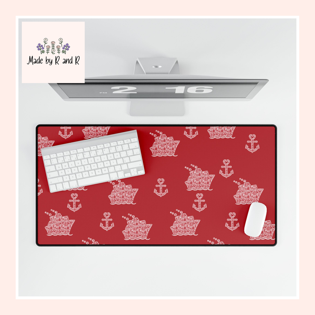 Red Cruise Ship Desk Mats and Mouse pads with White Lace Anchors and Ships, Office Decor, Cruise Gifts, Home Workspace