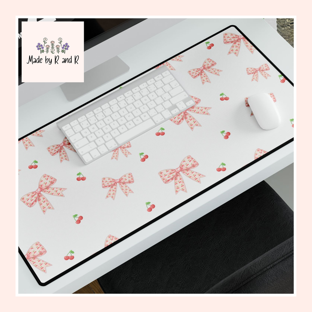 Cherries and Bows Desk Mats and Mouse pads, Office Decor, Birthday Gifts, Home Workspace