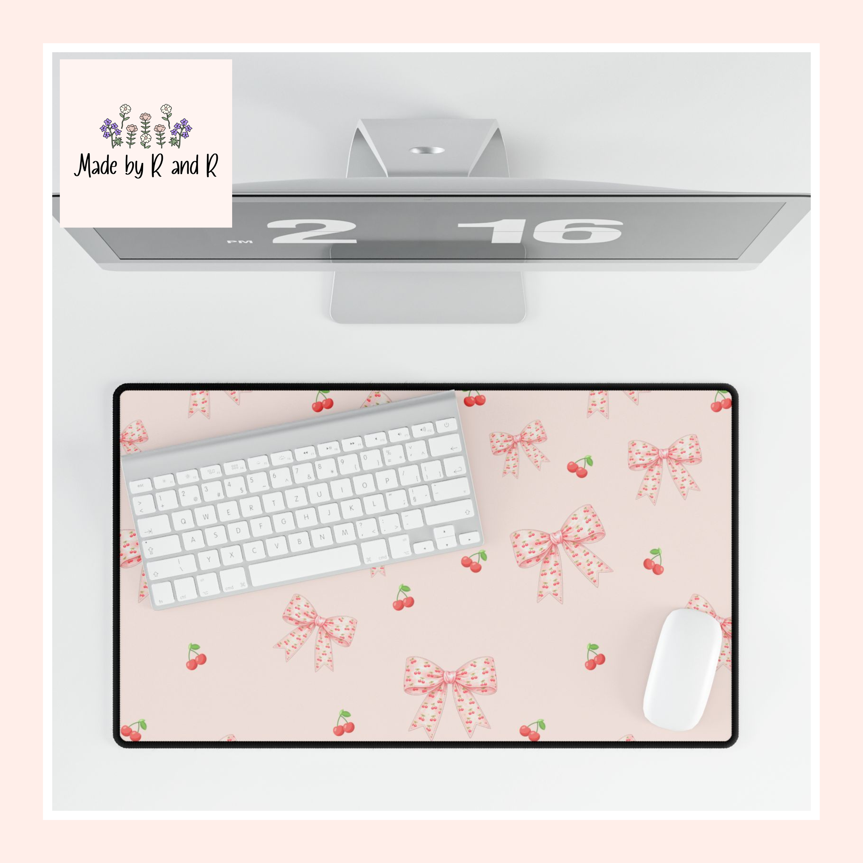 Cherries and Bows On Pink Desk Mats and Mouse pads, Office Decor, Birthday Gifts, Home Workspace