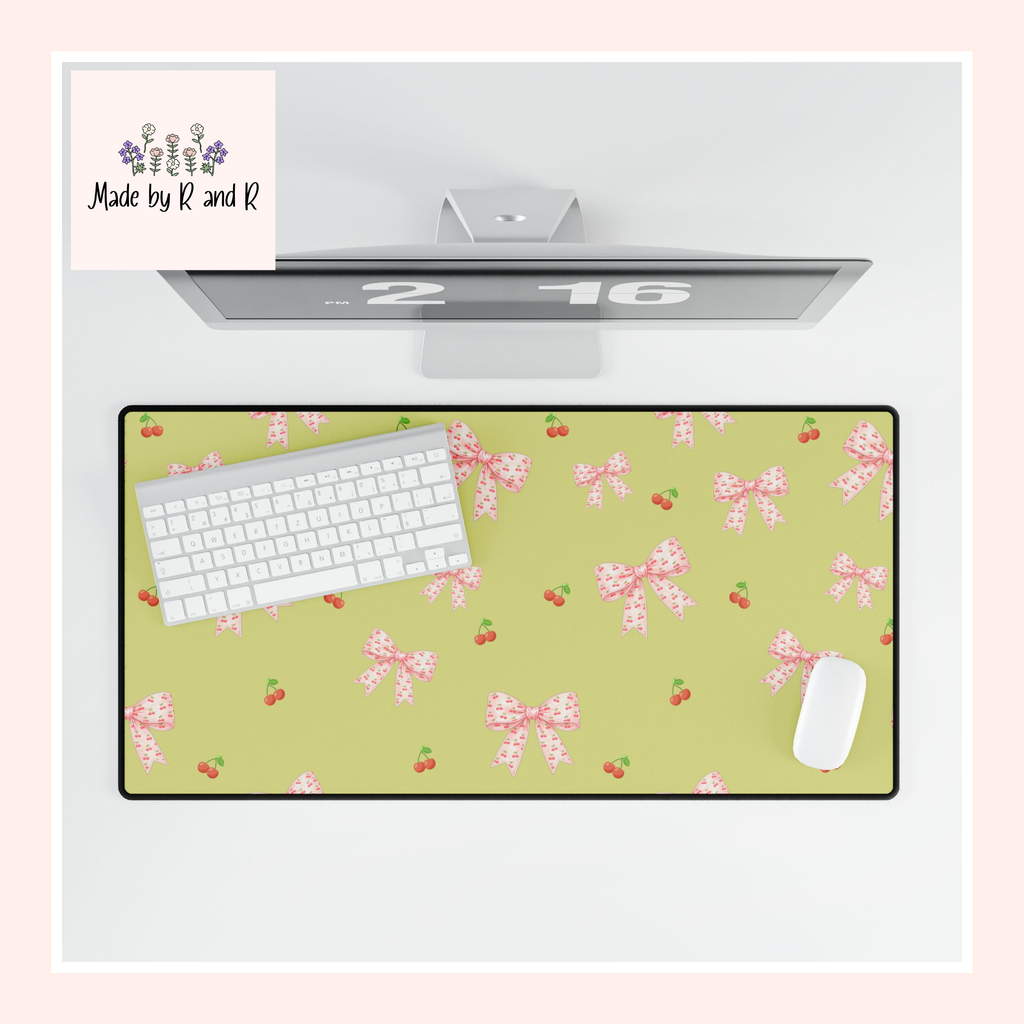 Cherries and Bows on Green Desk Mats and Mouse pads, Office Decor, Birthday Gifts, Home Workspace
