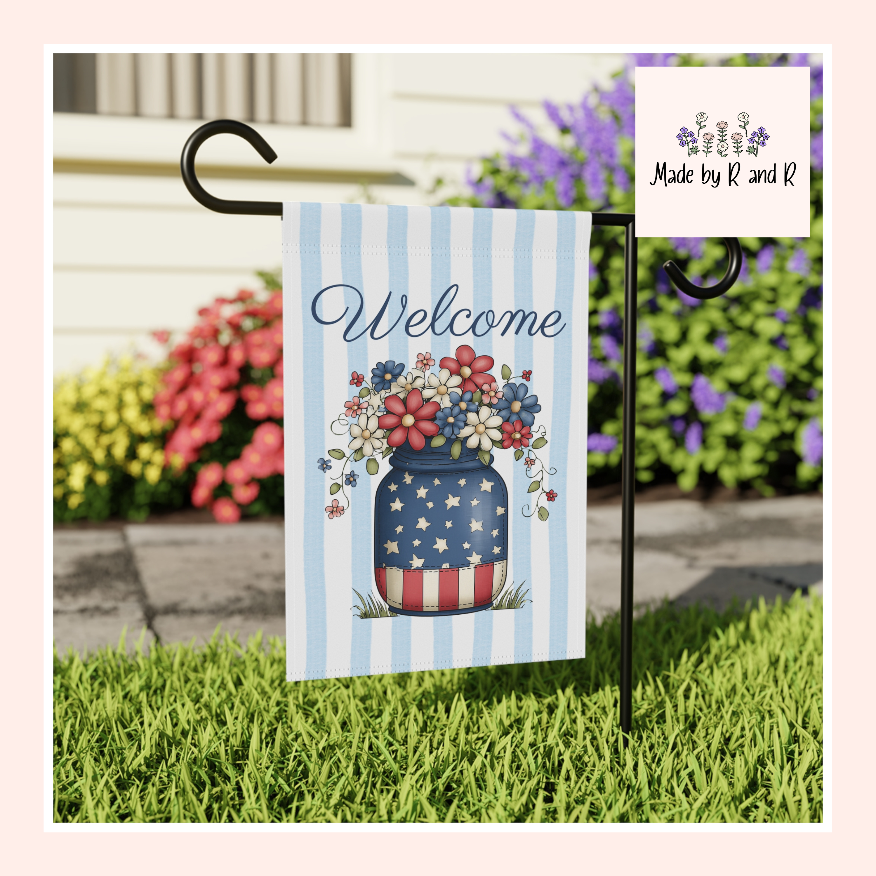 Patriotic Welcome Garden Banner, Floral Décor, Outdoor Flag, Housewarming Gift