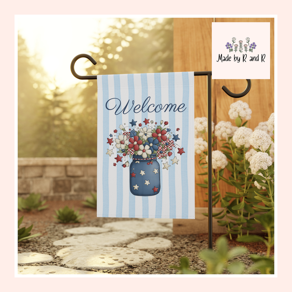 Patriotic Floral Welcome Garden Banner, Floral Décor, Outdoor Flag, Housewarming Gift
