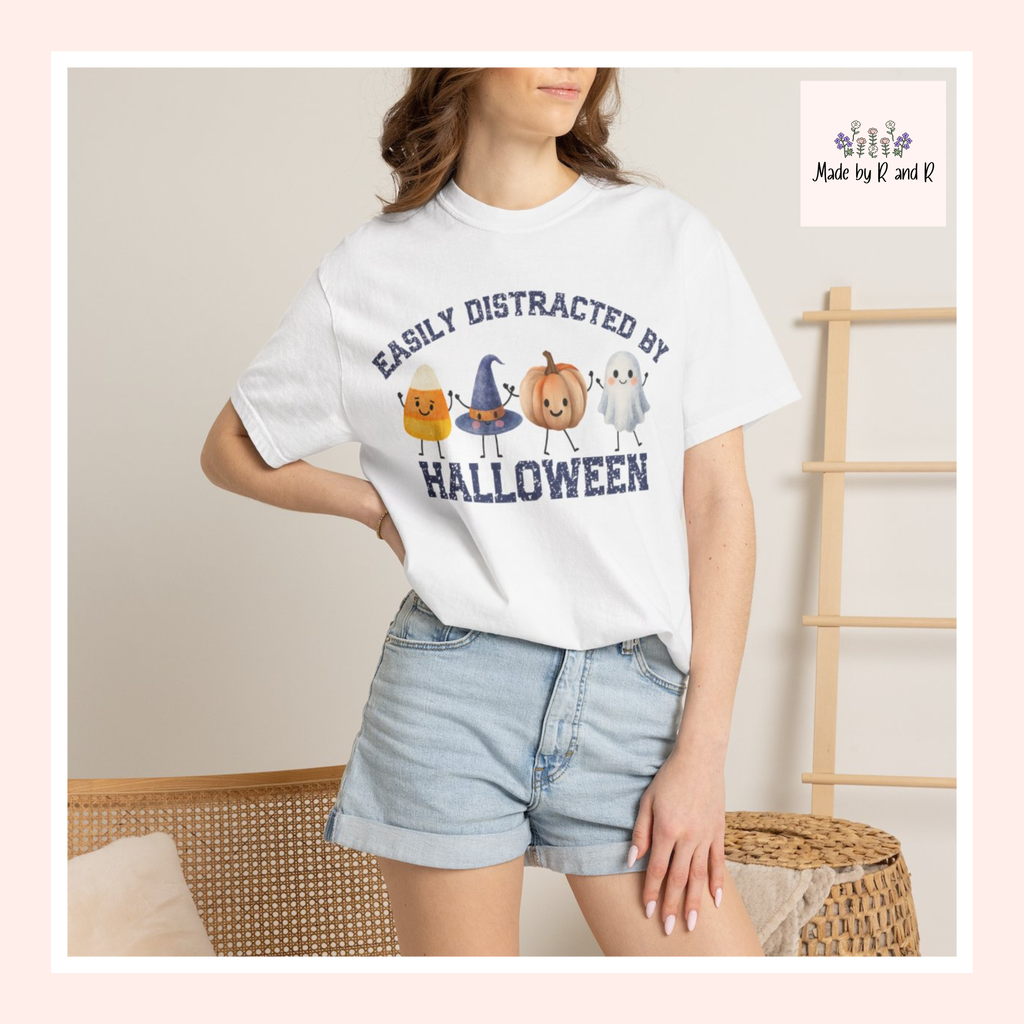 Halloween T-Shirt, Easily Distracted by Halloween, Cute Candy & Costume Graphic