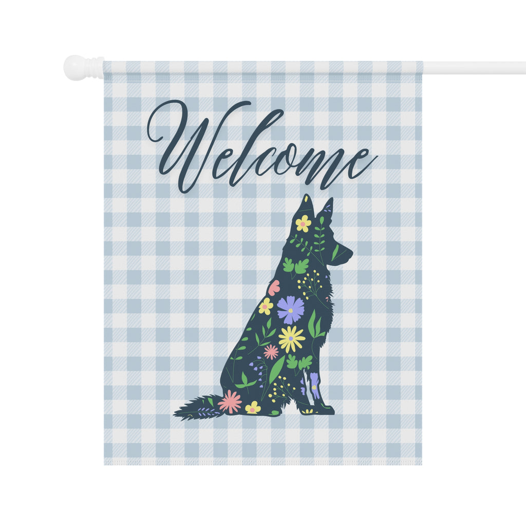 Blue Gingham German Shepherd Welcome Garden Banner, Floral Pet Décor, Outdoor Sign, Housewarming Gift