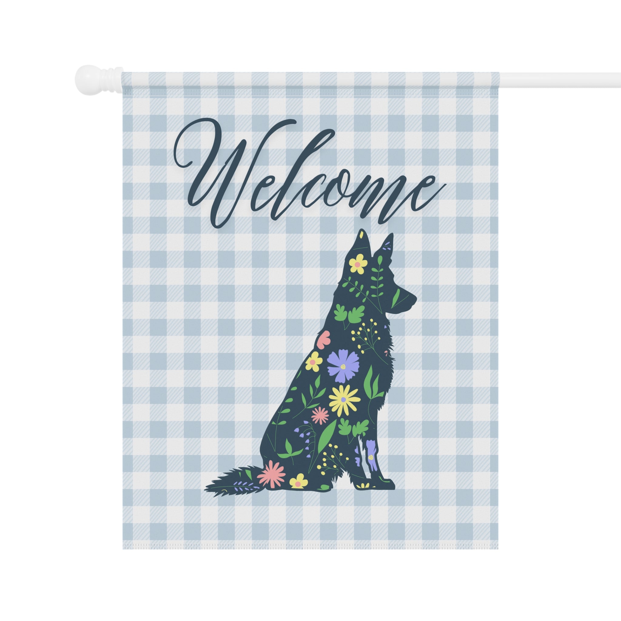Blue Gingham German Shepherd Welcome Garden Banner, Floral Pet Décor, Outdoor Sign, Housewarming Gift