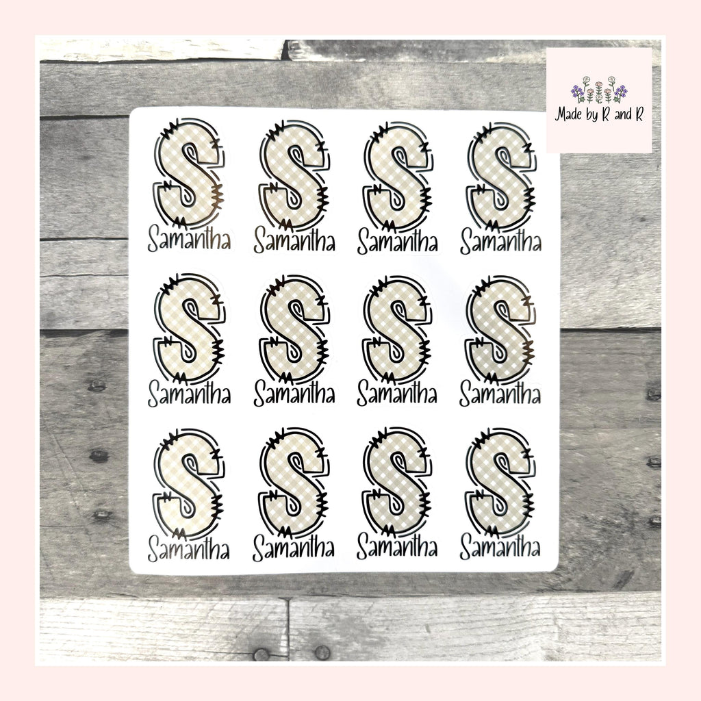 Custom Name and Monogram Green Gingham Stickers (set of 12)