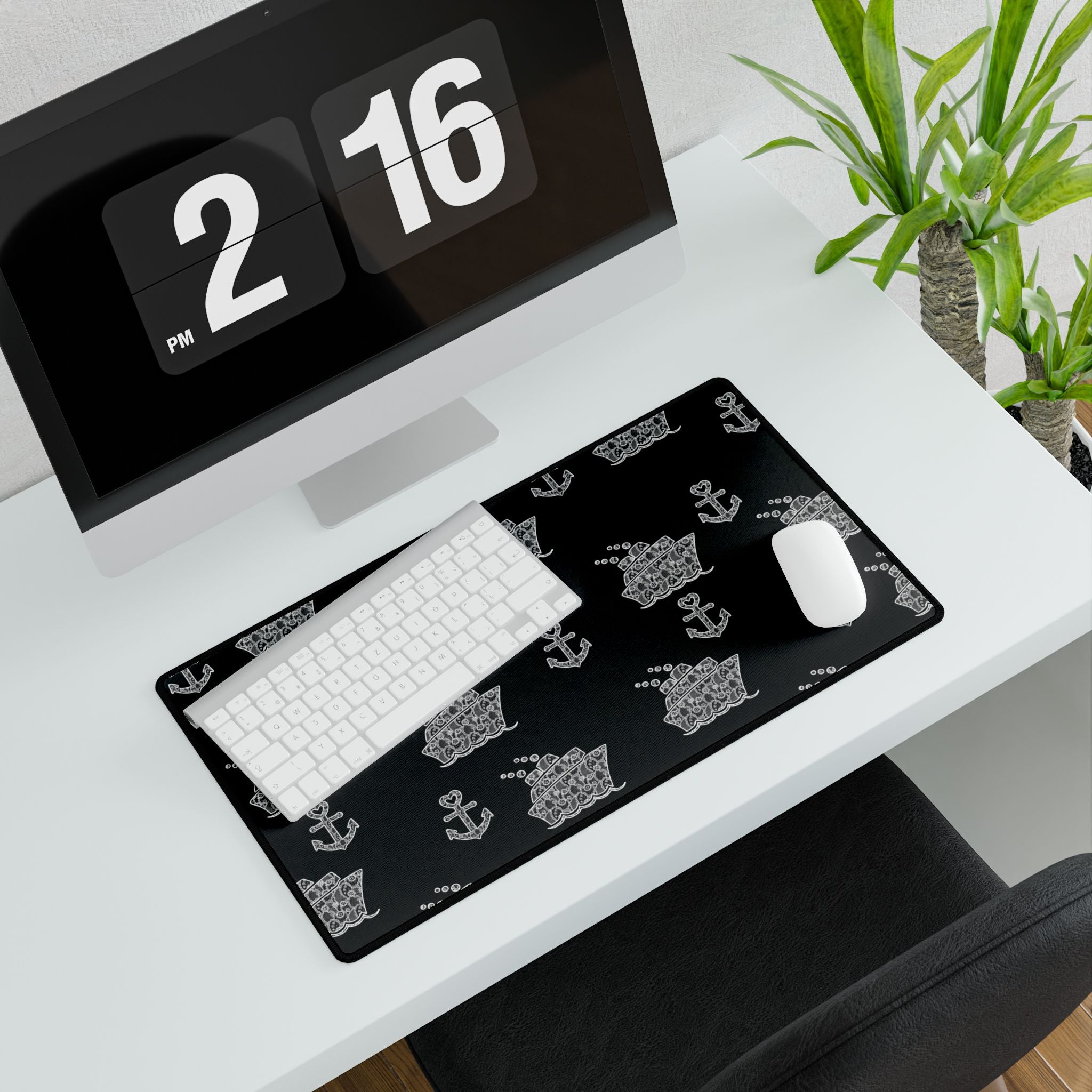 Black Cruise Ship Desk Mats and Mouse pads with White Lace Anchors and Ships, Office Decor, Cruise Gifts, Home Workspace