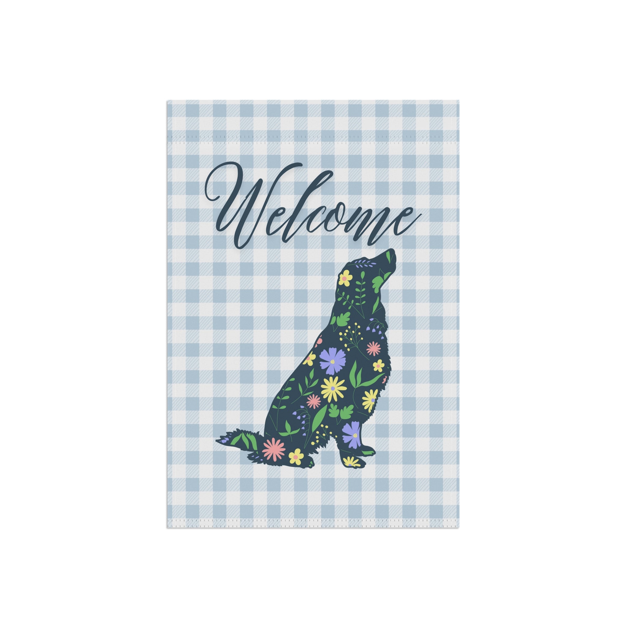 Blue Gingham Golden Retriever Welcome Garden Banner, Floral Pet Décor, Outdoor Sign, Housewarming Gift