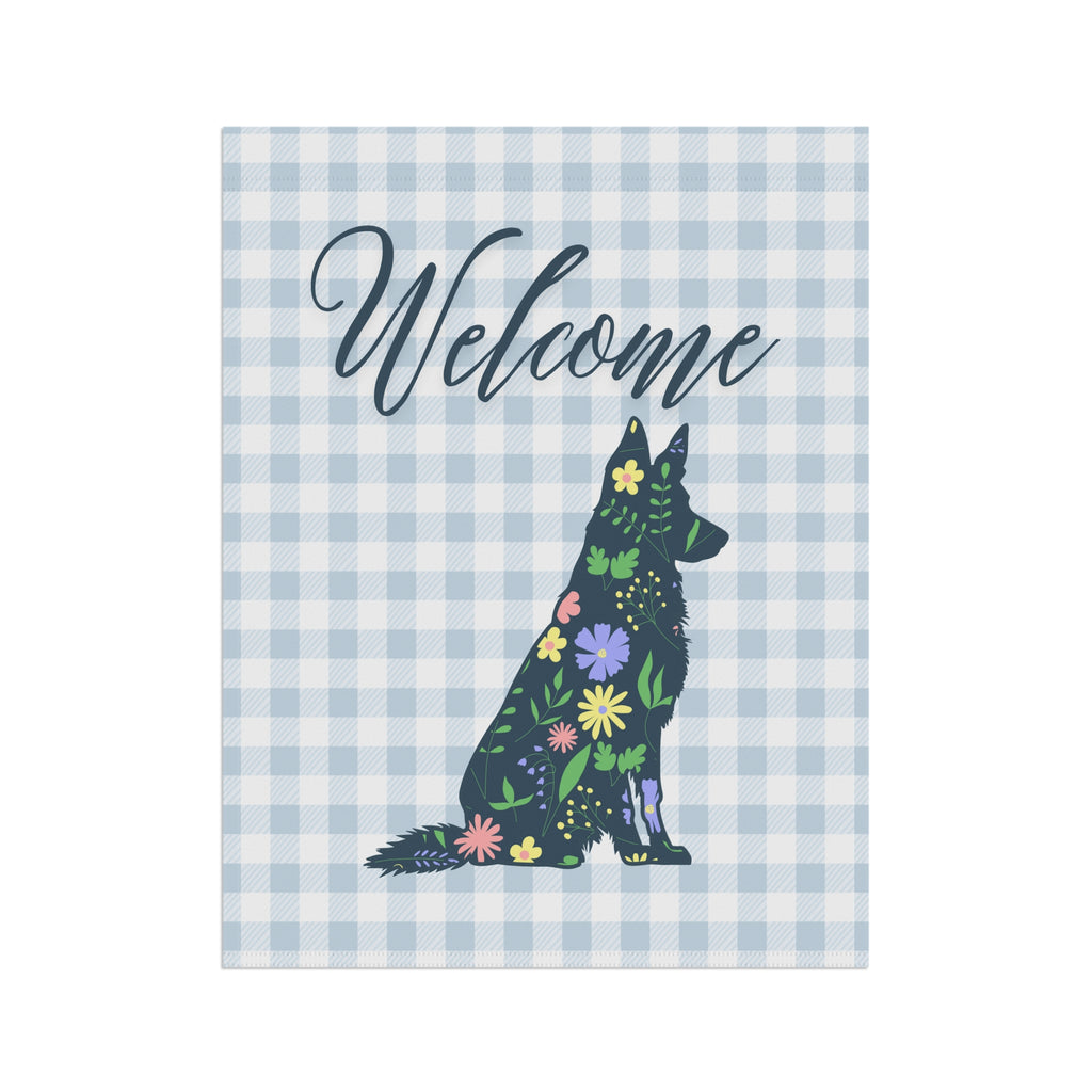 Blue Gingham German Shepherd Welcome Garden Banner, Floral Pet Décor, Outdoor Sign, Housewarming Gift