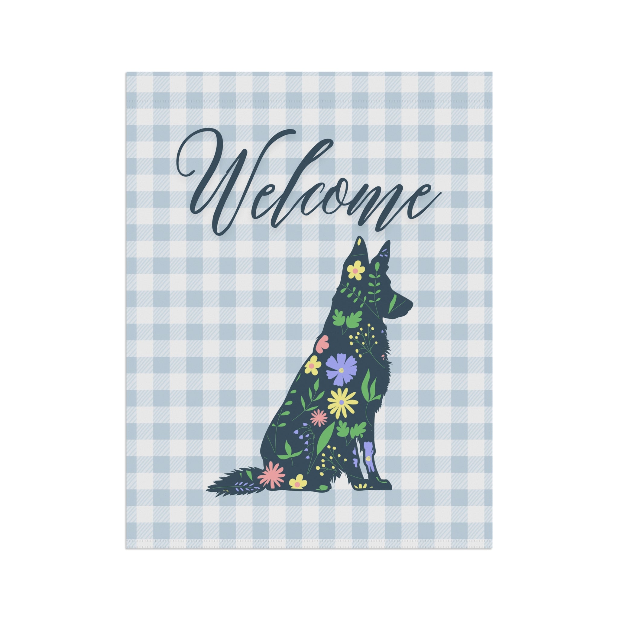 Blue Gingham German Shepherd Welcome Garden Banner, Floral Pet Décor, Outdoor Sign, Housewarming Gift