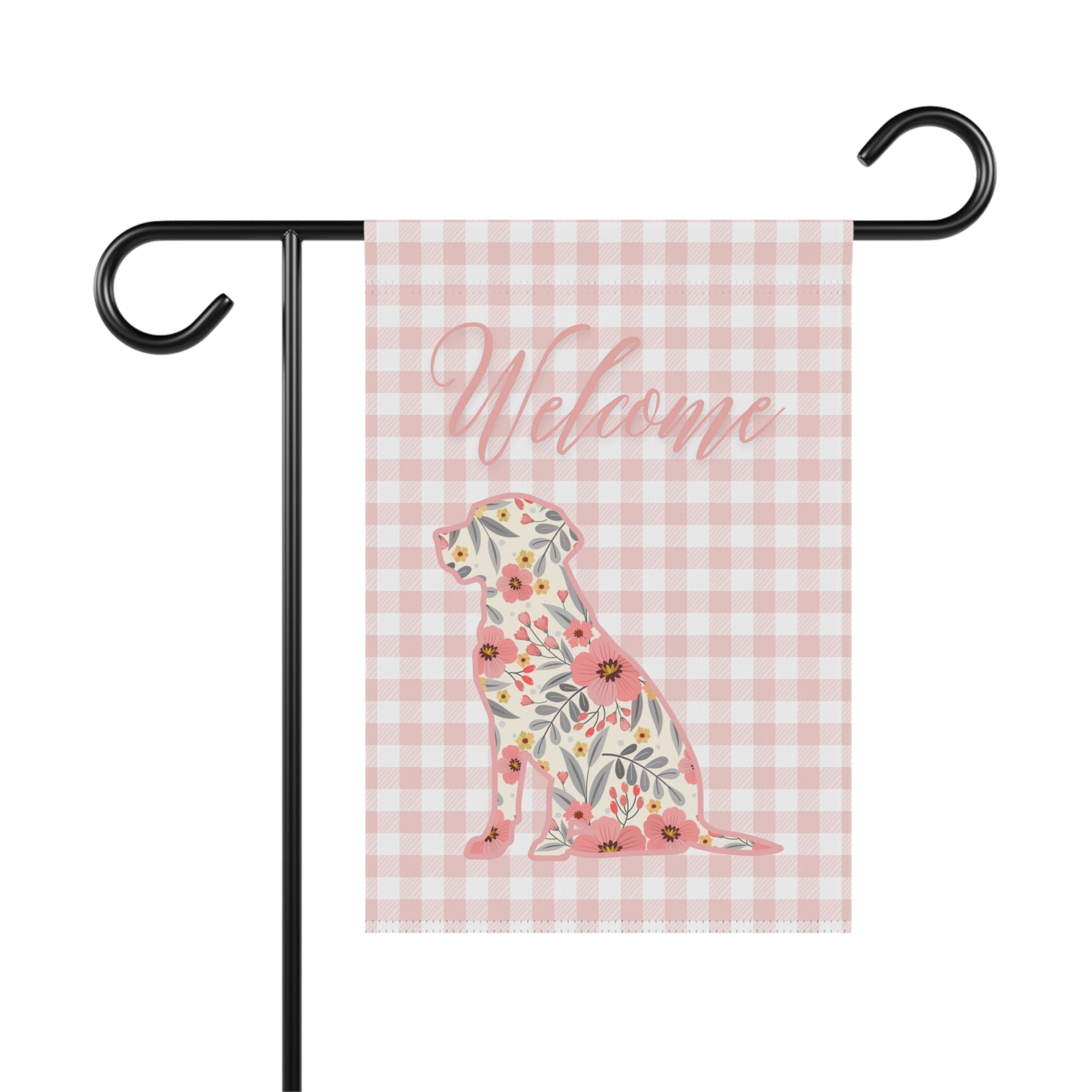Pink Gingham Labrador Retriever Welcome Garden Banner, Floral Pet Décor, Outdoor Sign, Housewarming Gift