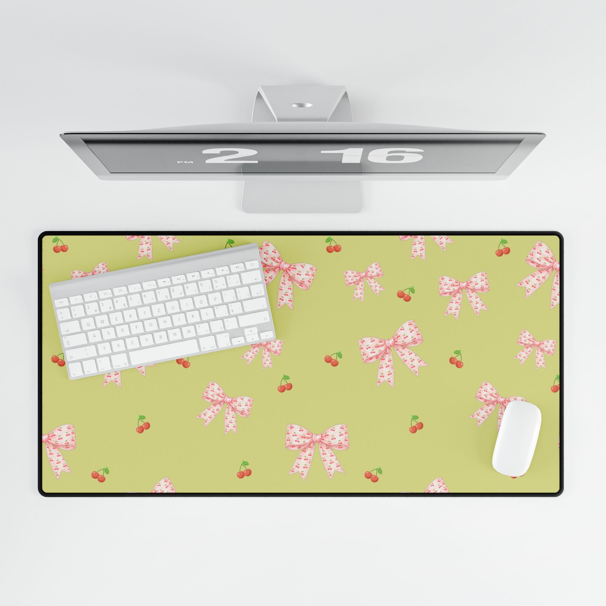 Cherries and Bows on Green Desk Mats and Mouse pads, Office Decor, Birthday Gifts, Home Workspace