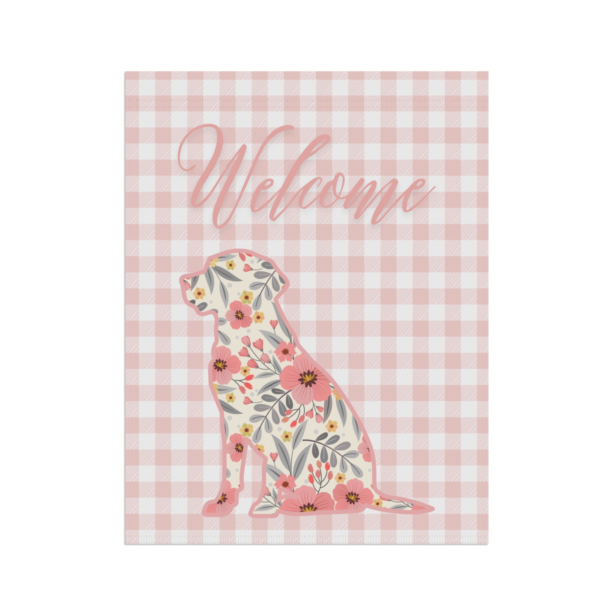 Pink Gingham Labrador Retriever Welcome Garden Banner, Floral Pet Décor, Outdoor Sign, Housewarming Gift