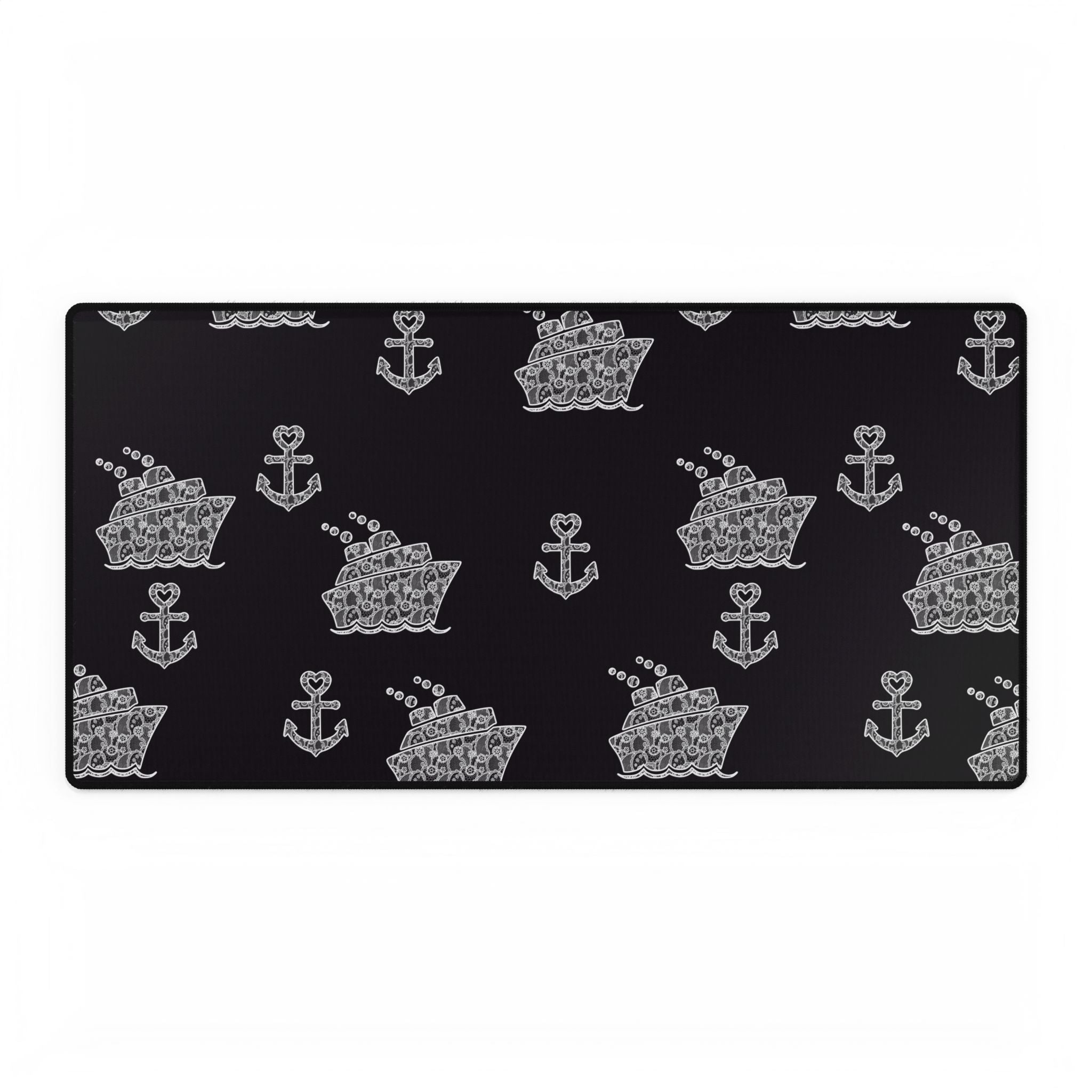 Black Cruise Ship Desk Mats and Mouse pads with White Lace Anchors and Ships, Office Decor, Cruise Gifts, Home Workspace