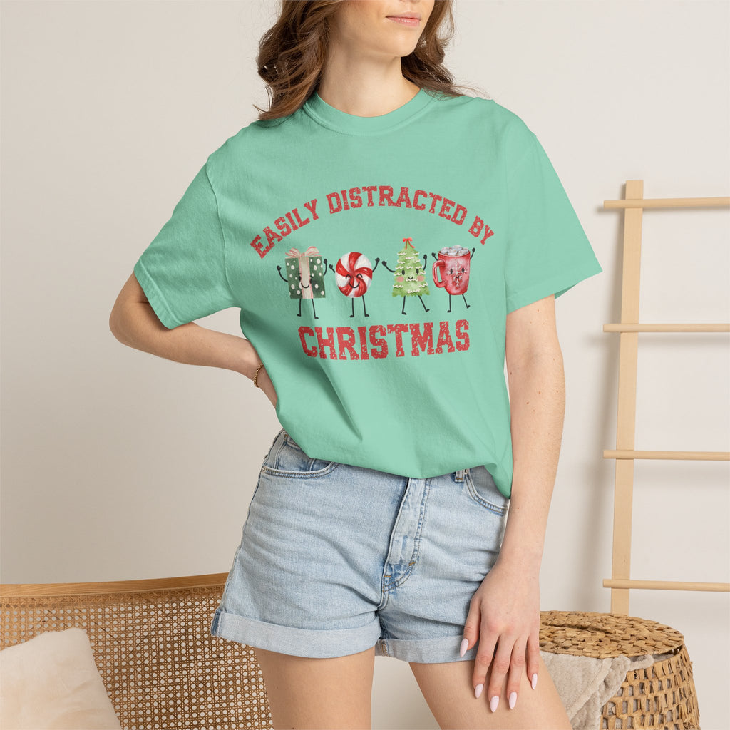 Easily Distracted by Christmas T-Shirt, Funny Holiday Graphic Tee