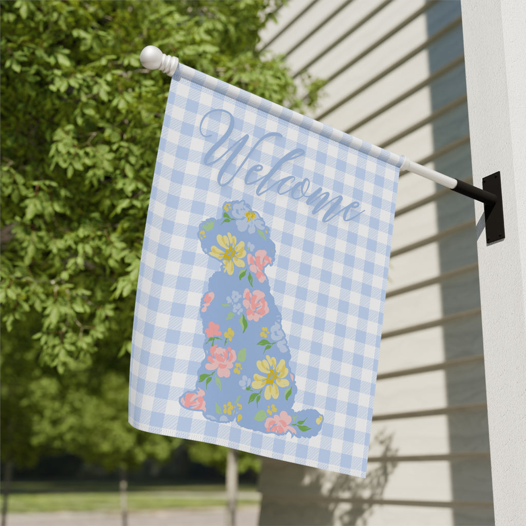 Blue Gingham Labradoodle Welcome Garden Banner, Floral Pet Décor, Outdoor Sign, Housewarming Gift