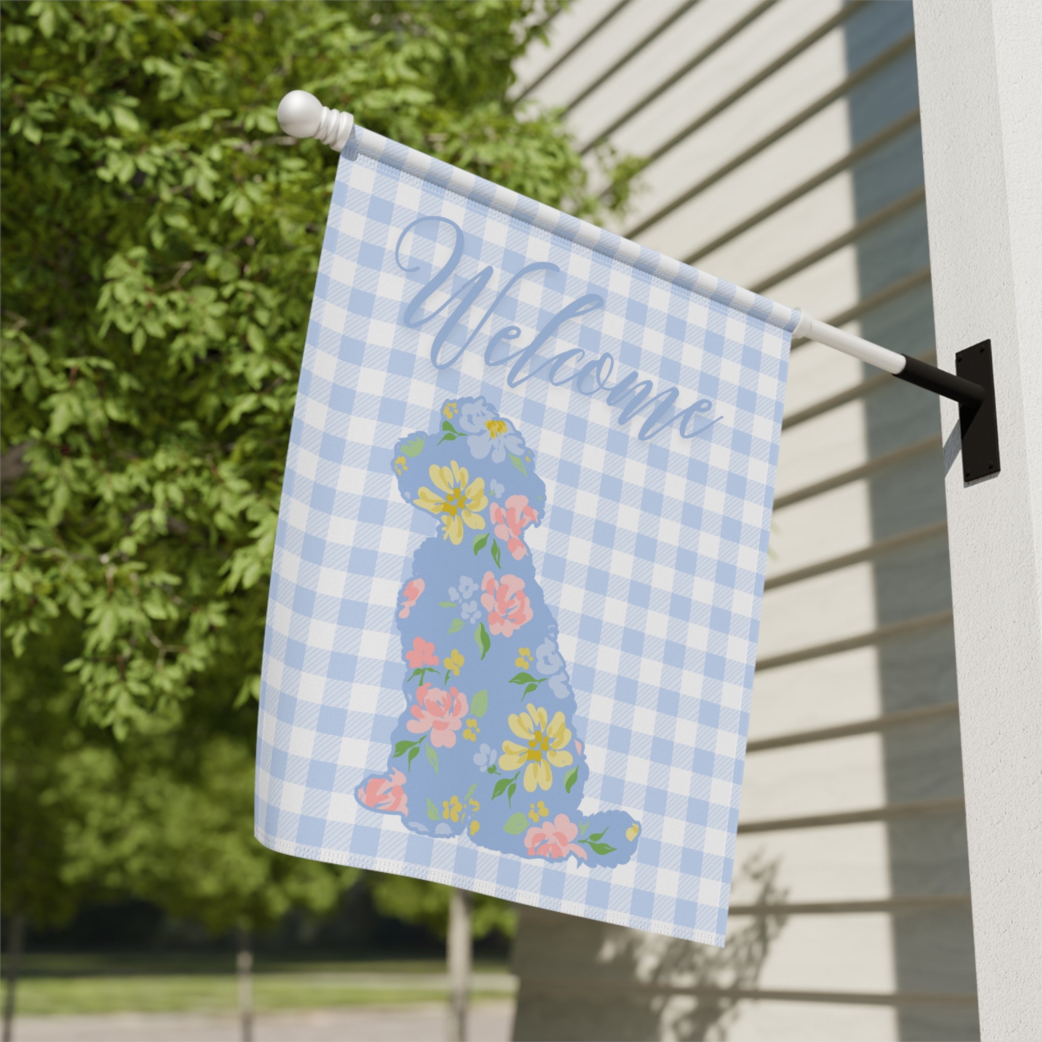 Blue Gingham Labradoodle Welcome Garden Banner, Floral Pet Décor, Outdoor Sign, Housewarming Gift