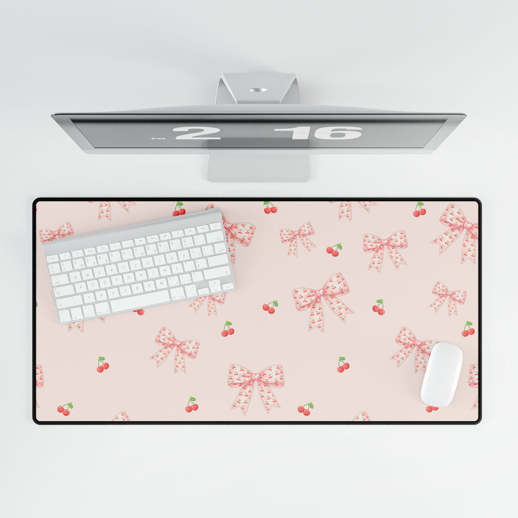 Cherries and Bows On Pink Desk Mats and Mouse pads, Office Decor, Birthday Gifts, Home Workspace
