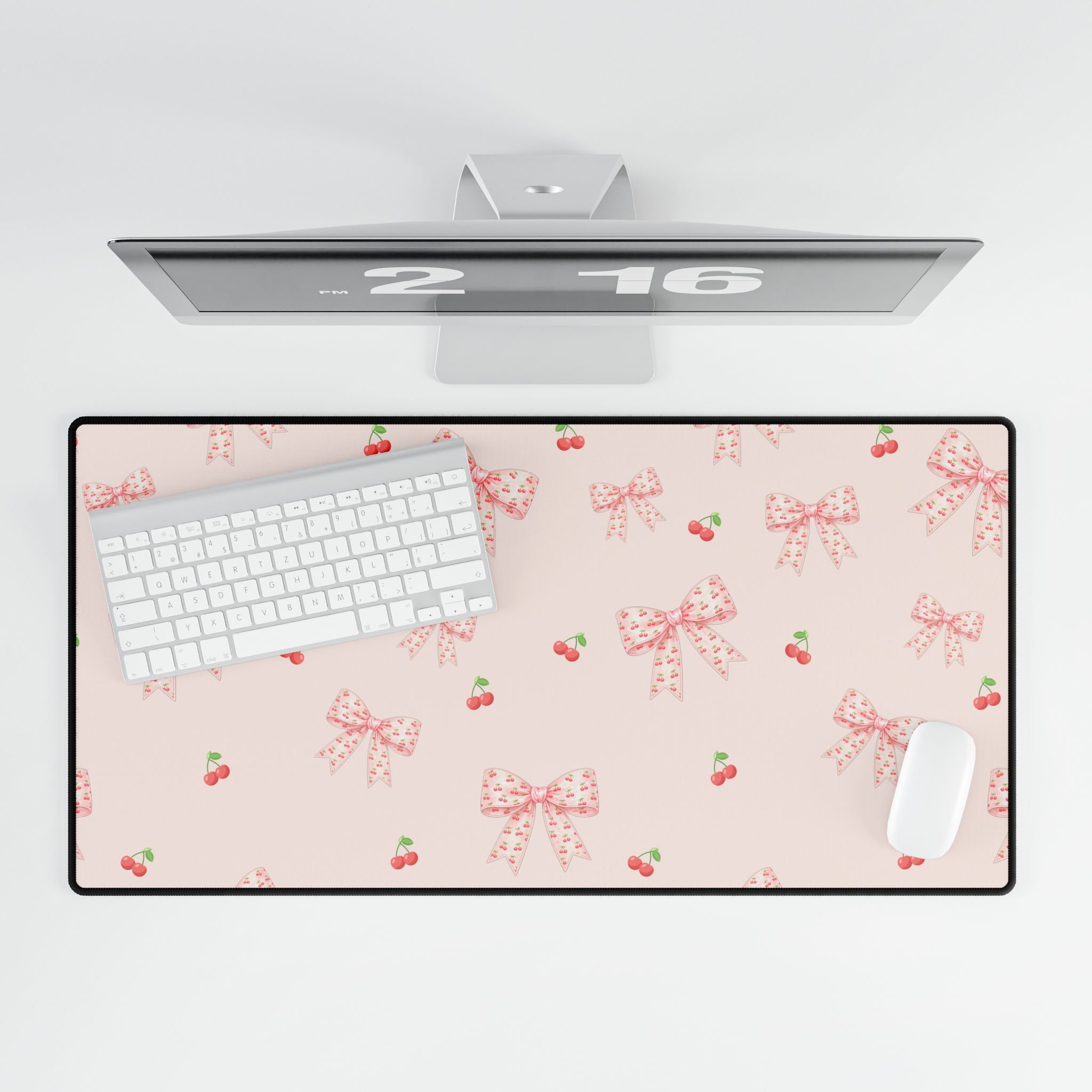 Cherries and Bows On Pink Desk Mats and Mouse pads, Office Decor, Birthday Gifts, Home Workspace