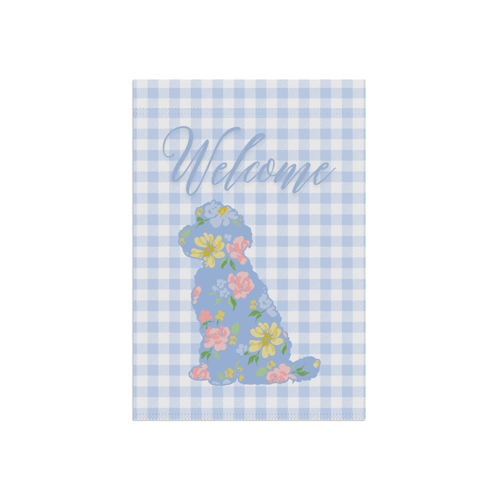 Blue Gingham Labradoodle Welcome Garden Banner, Floral Pet Décor, Outdoor Sign, Housewarming Gift