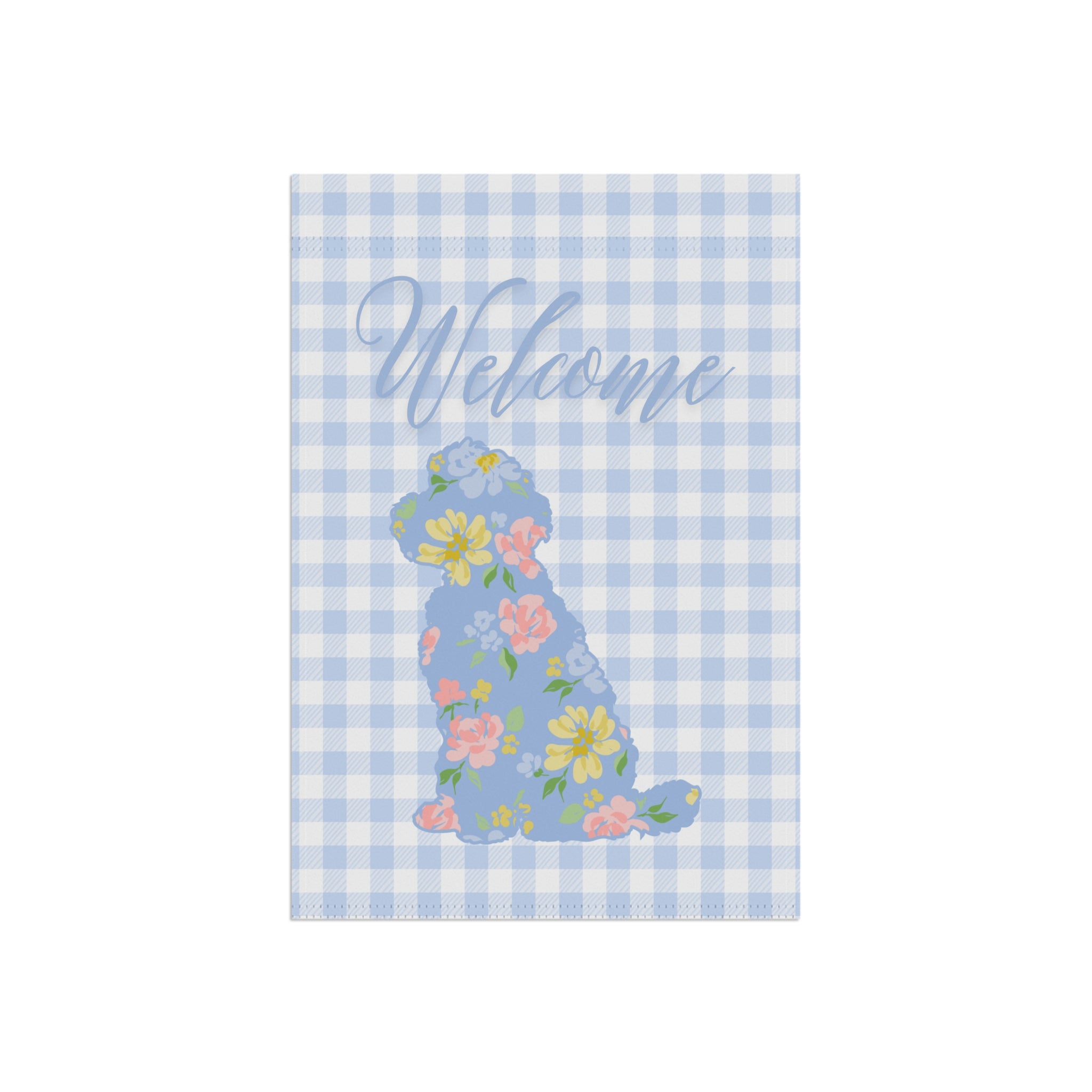 Blue Gingham Labradoodle Welcome Garden Banner, Floral Pet Décor, Outdoor Sign, Housewarming Gift