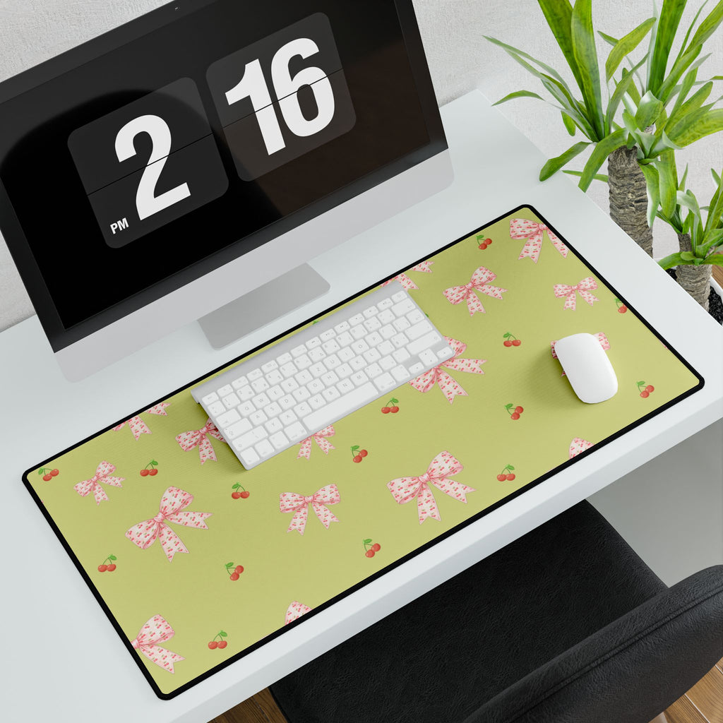 Cherries and Bows on Green Desk Mats and Mouse pads, Office Decor, Birthday Gifts, Home Workspace