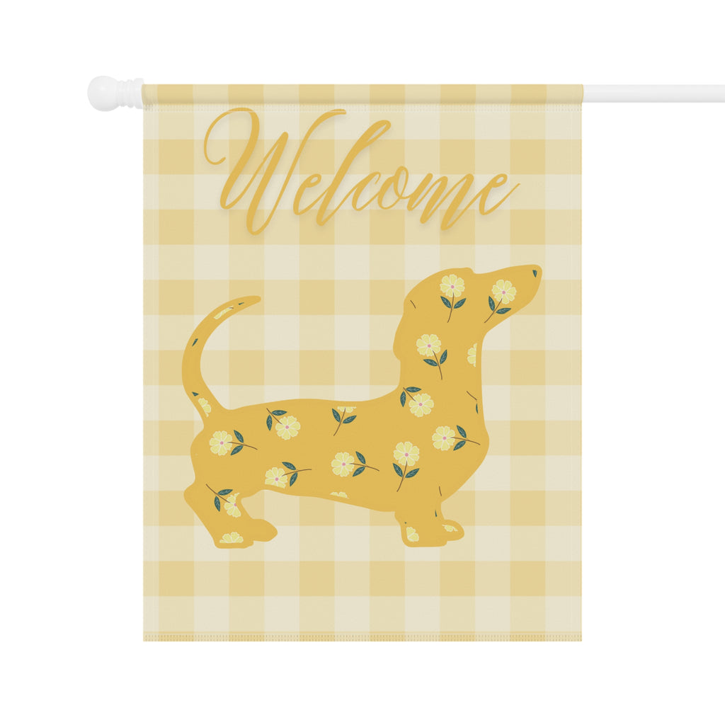 Yellow Gingham Dachshund Welcome Garden Banner, Floral Pet Décor, Outdoor Sign, Housewarming Gift