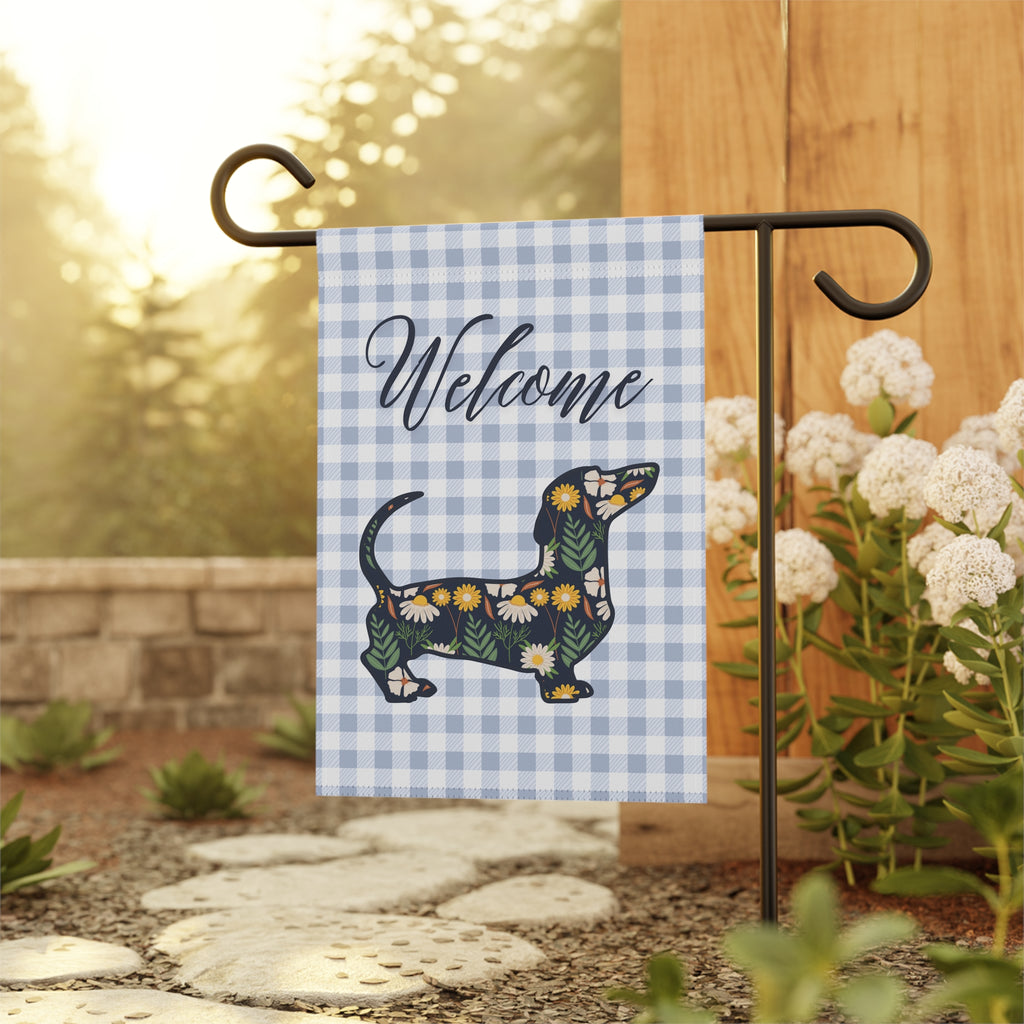 Blue Gingham Dachshund Welcome Garden Banner, Floral Pet Décor, Outdoor Sign, Housewarming Gift