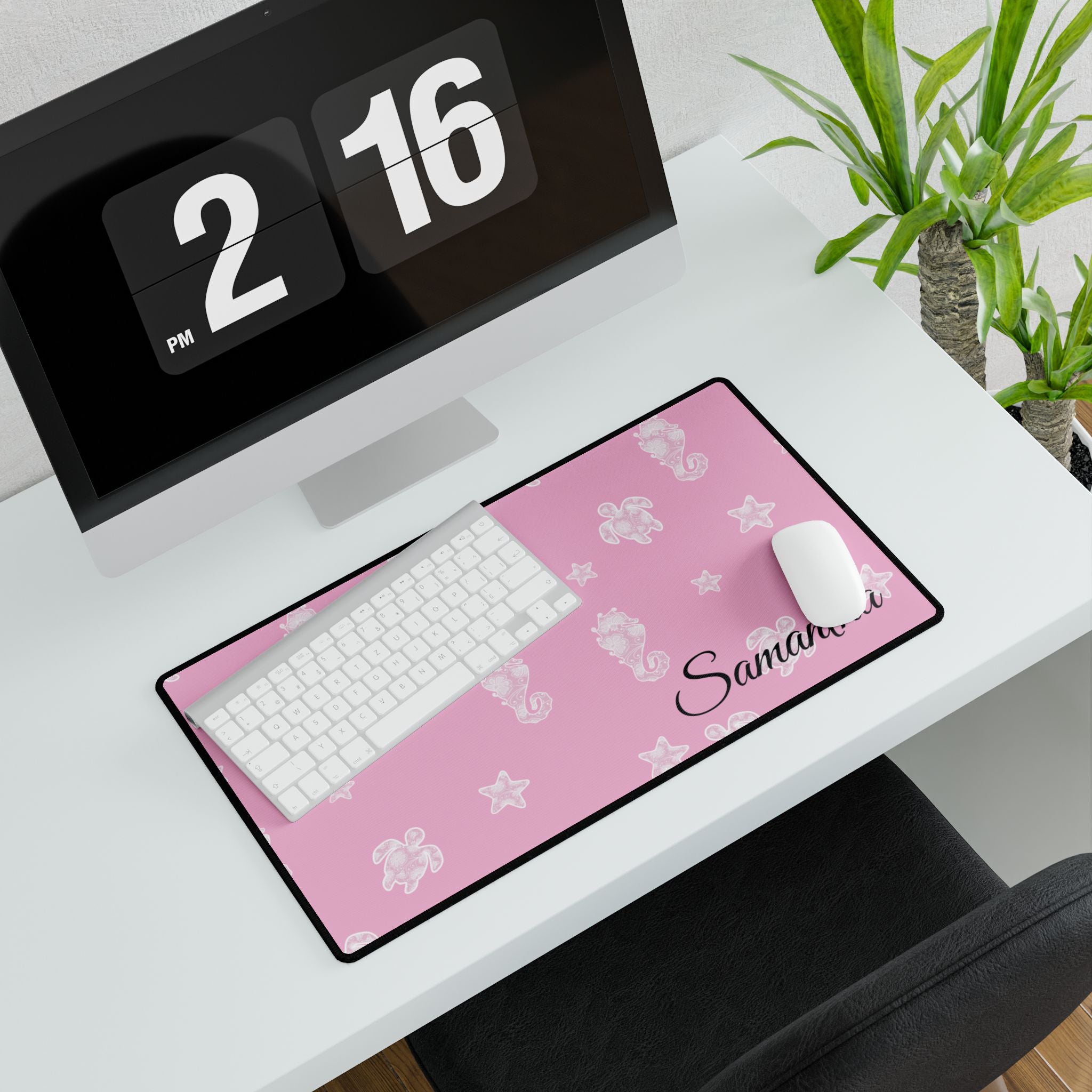 Pink Ocean Desk Mats and Mouse pads with Lace Seahorses and Turtles, Office Decor, Christmas Gifts, Home Workspace