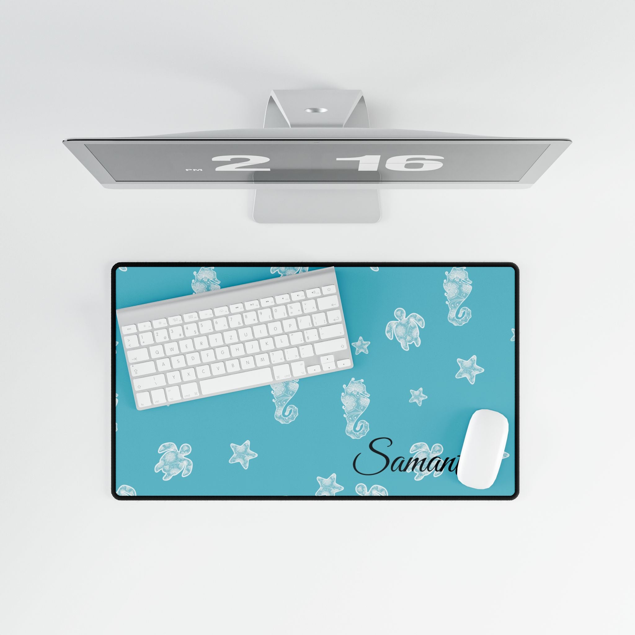 Blue Ocean Desk Mats and Mouse pads with Lace Seahorses and Turtles, Office Decor, Christmas Gifts, Home Workspace
