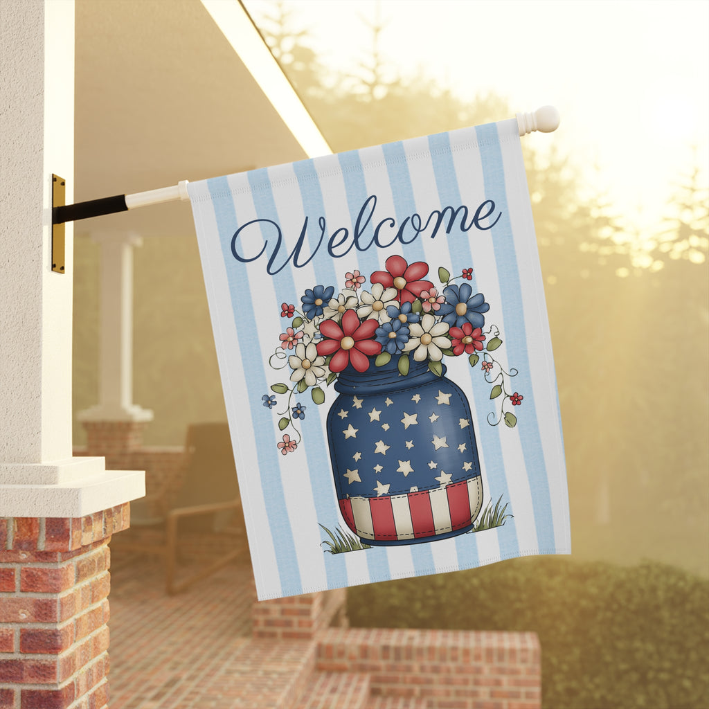 Patriotic Welcome Garden Banner, Floral Décor, Outdoor Flag, Housewarming Gift