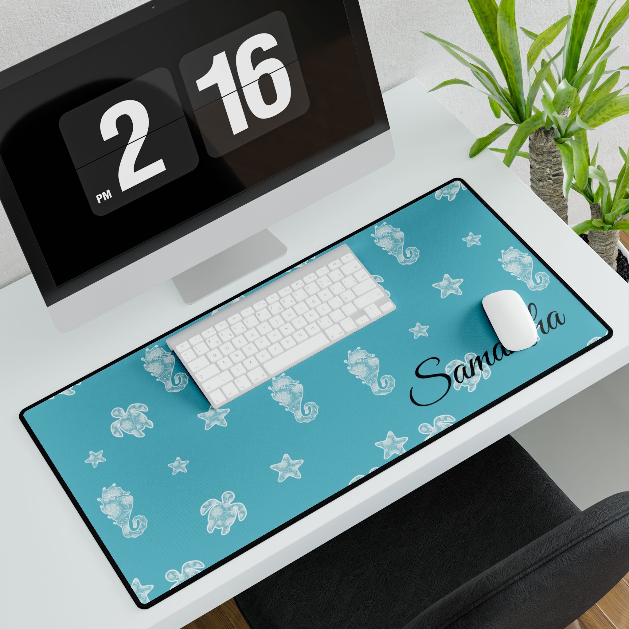 Blue Ocean Desk Mats and Mouse pads with Lace Seahorses and Turtles, Office Decor, Christmas Gifts, Home Workspace