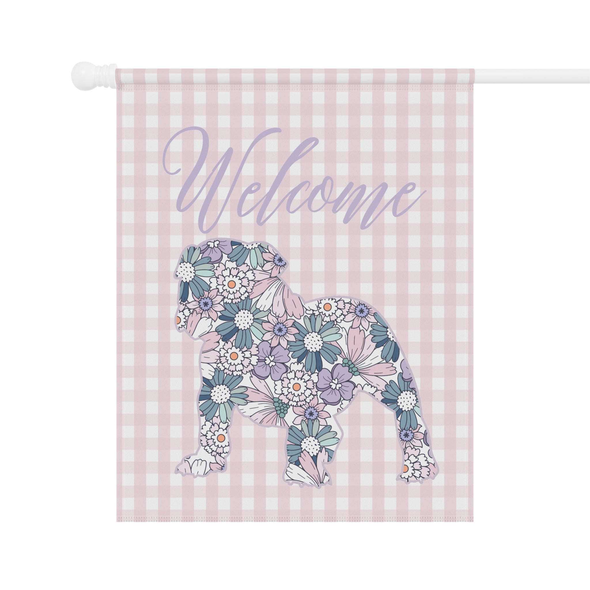 Purple Gingham Bulldog Welcome Garden Banner, Floral Pet Décor, Outdoor Sign, Housewarming Gift