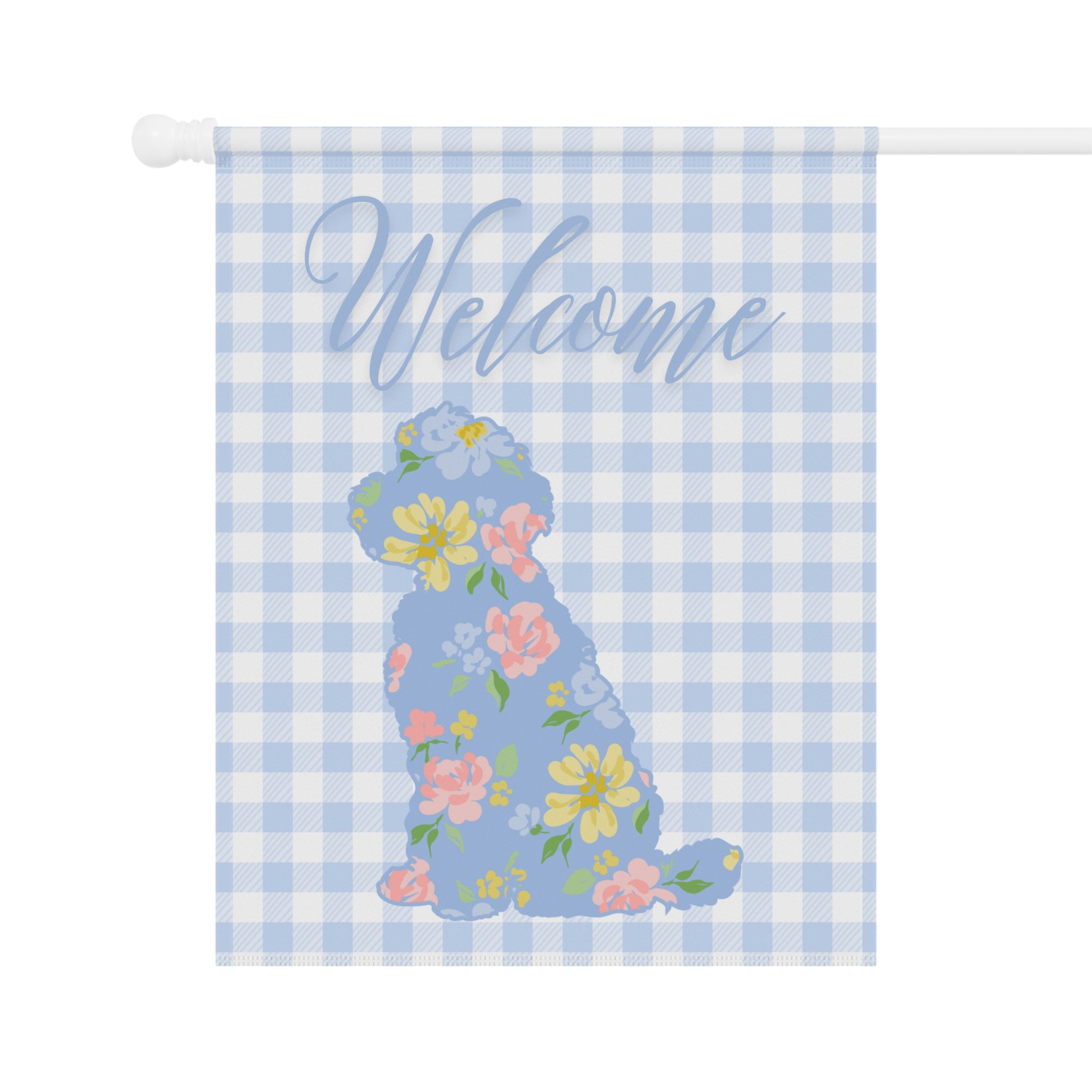 Blue Gingham Labradoodle Welcome Garden Banner, Floral Pet Décor, Outdoor Sign, Housewarming Gift