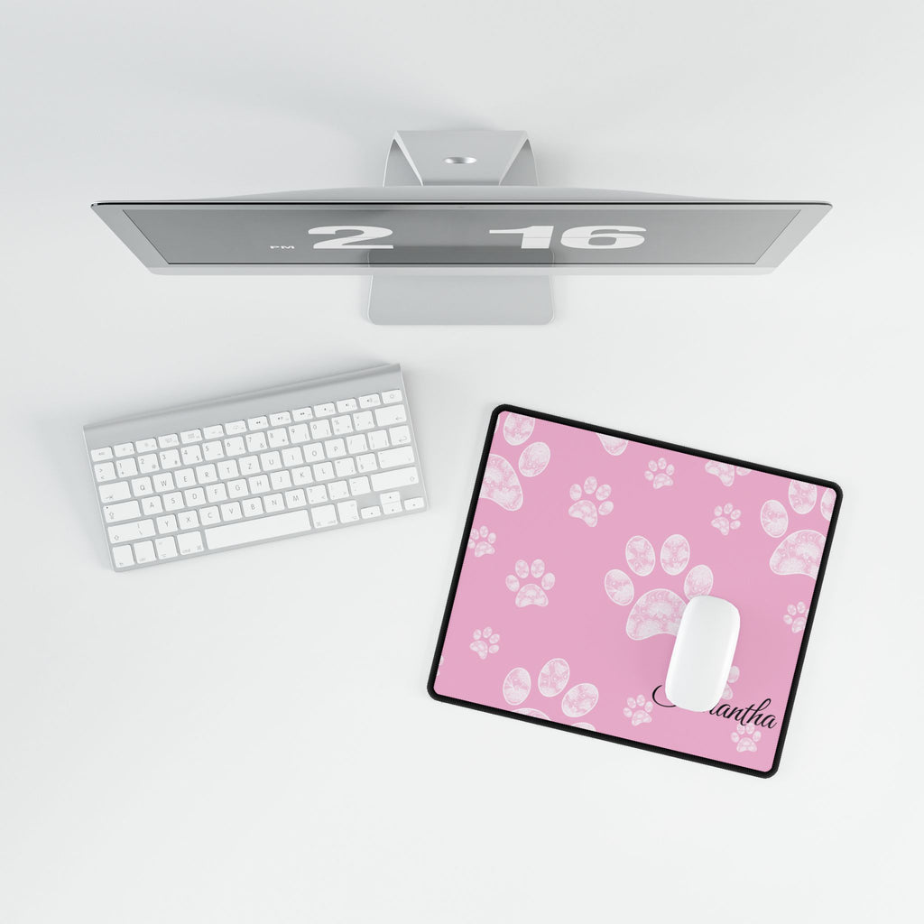 Personalized Pink Paw Print Desk Mats and Mouse pads with Lace Seahorses and Turtles, Office Decor, Christmas Gifts, Home Workspace