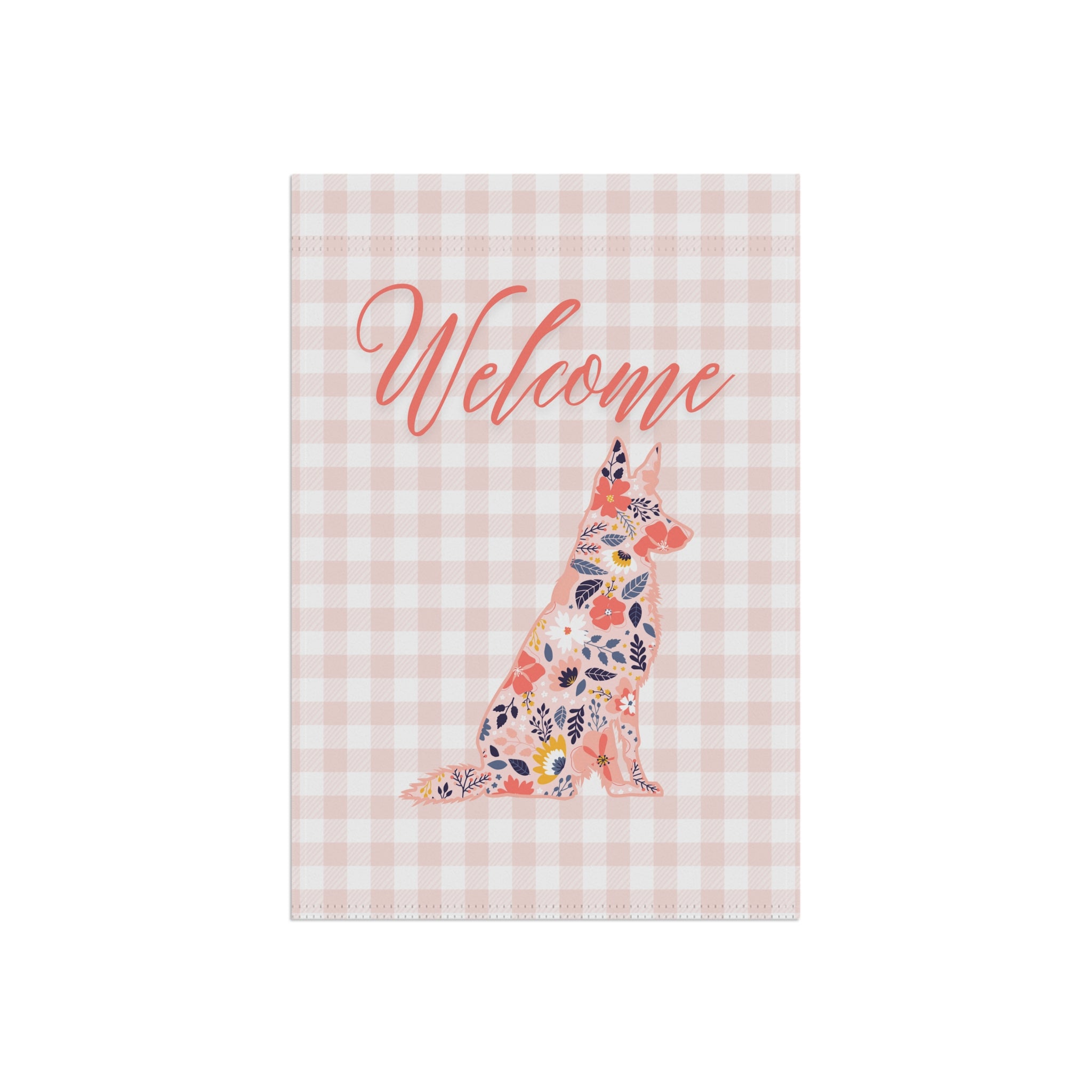 Pink Gingham German Shepherd Welcome Garden Banner, Floral Pet Décor, Outdoor Sign, Housewarming Gift