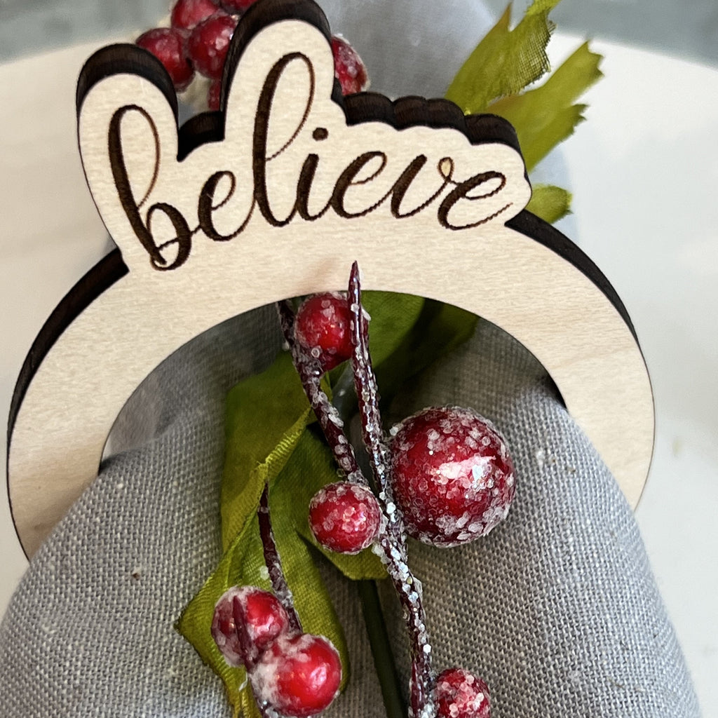 Set of 4 Wooden Christmas Napkin Ring Holders - Merry, Believe, Jolly, Joyful