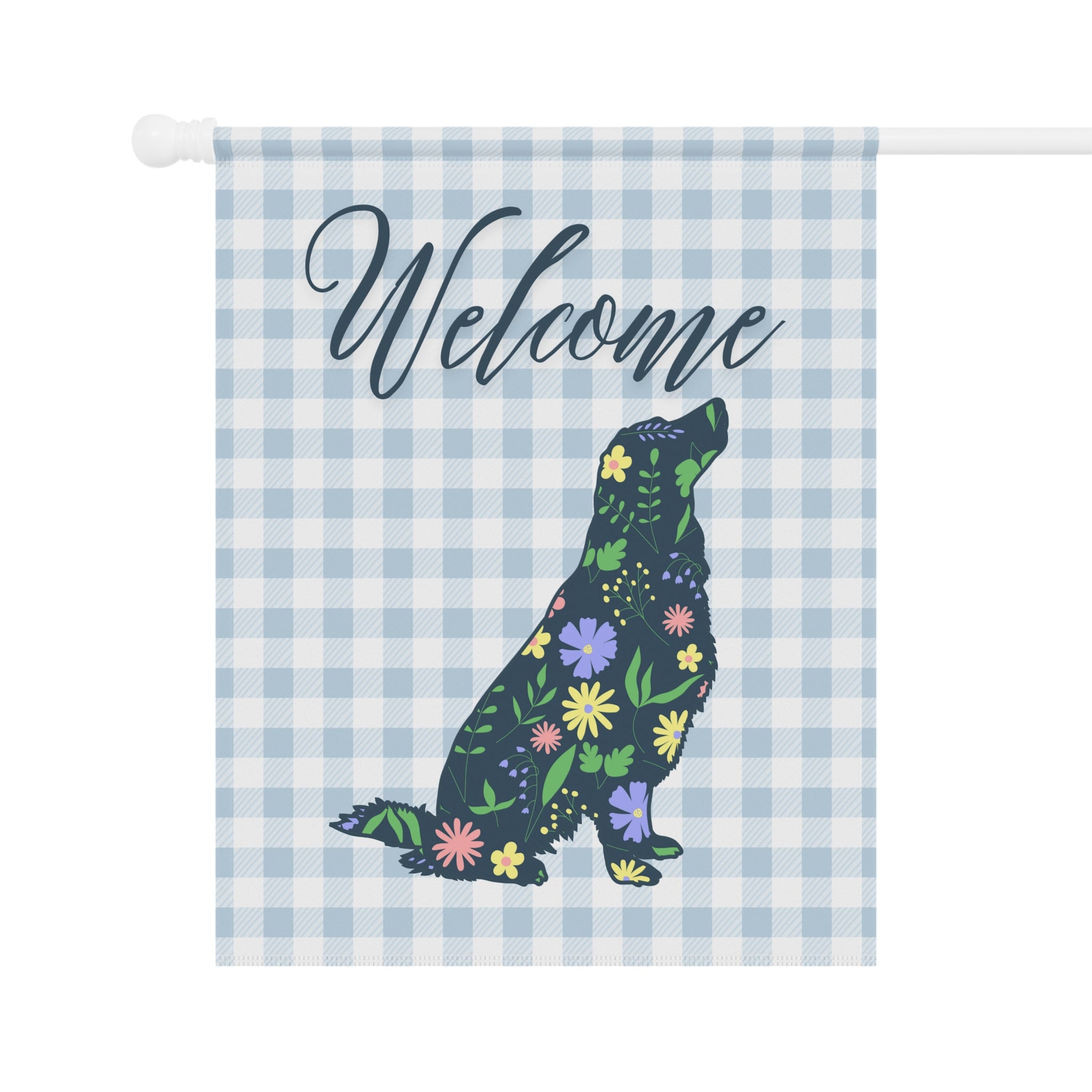 Blue Gingham Golden Retriever Welcome Garden Banner, Floral Pet Décor, Outdoor Sign, Housewarming Gift