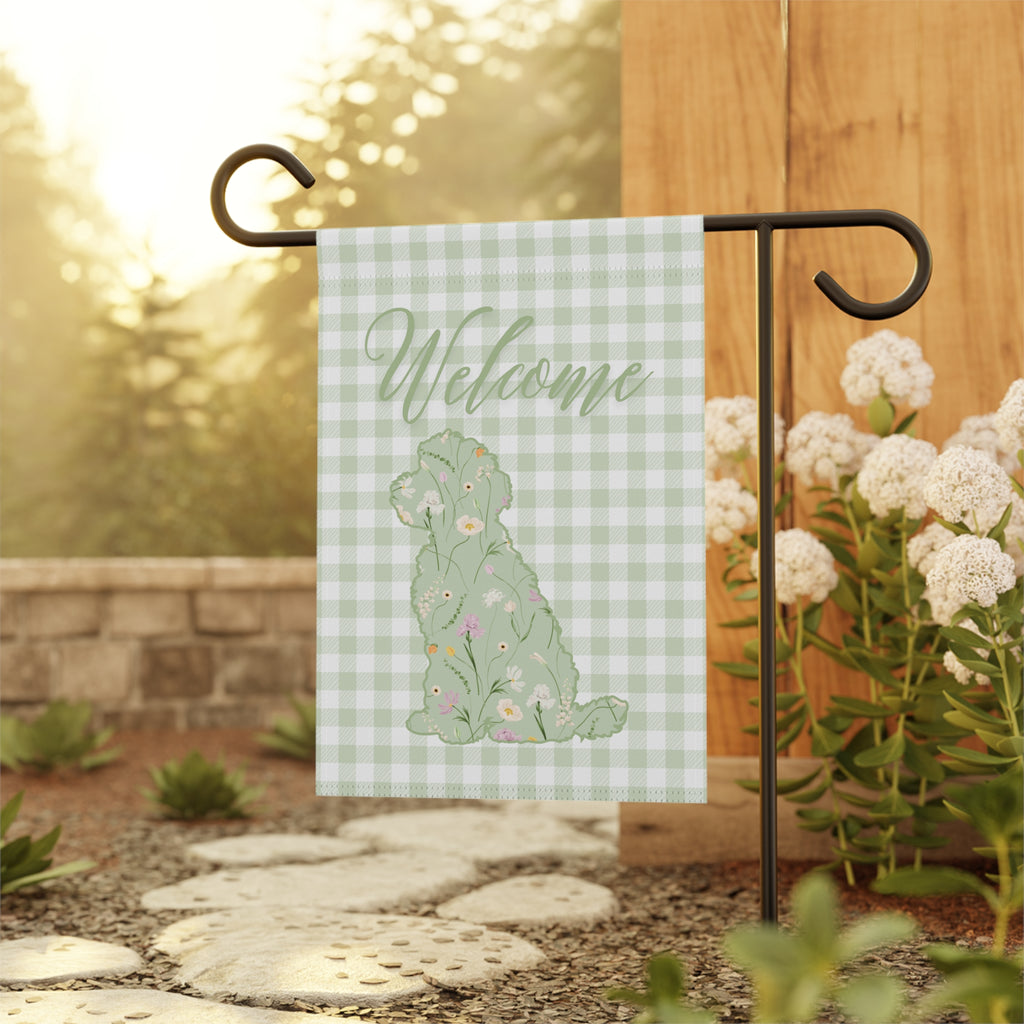 Green Gingham Labradoodle Welcome Garden Banner, Floral Pet Décor, Outdoor Sign, Housewarming Gift