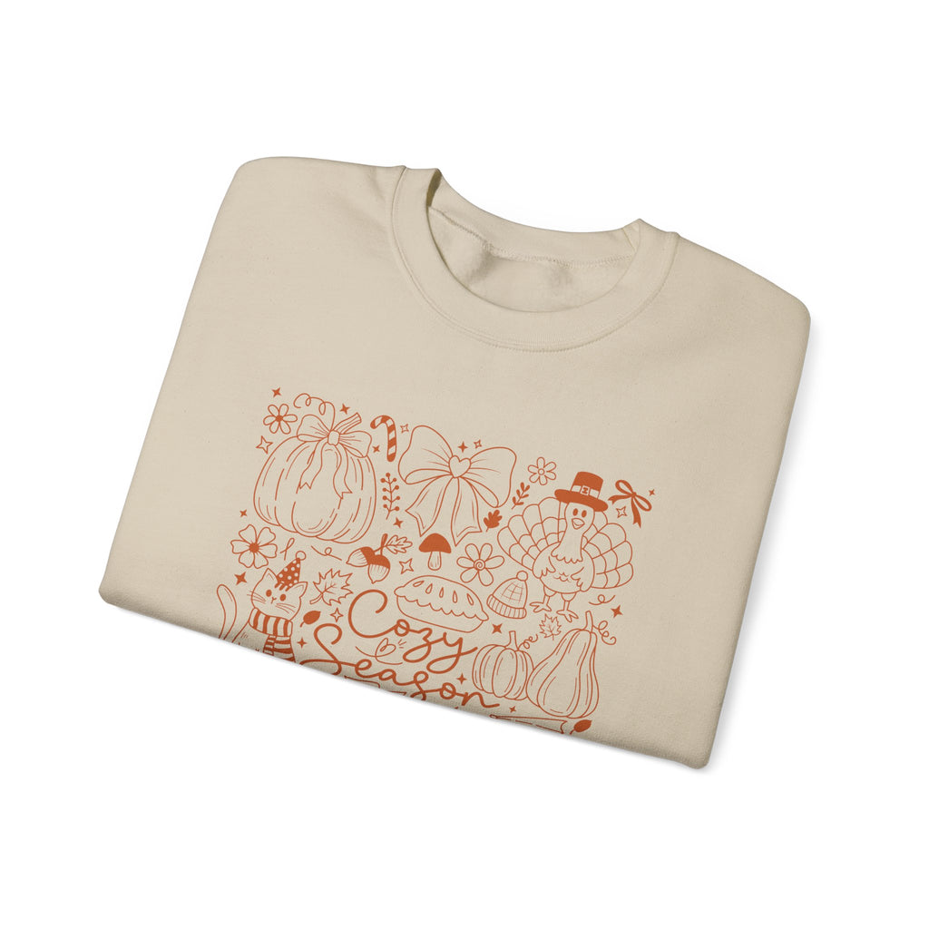Cozy Season Crewneck Sweatshirt, Autumn Pumpkin & Leaves Fall Design