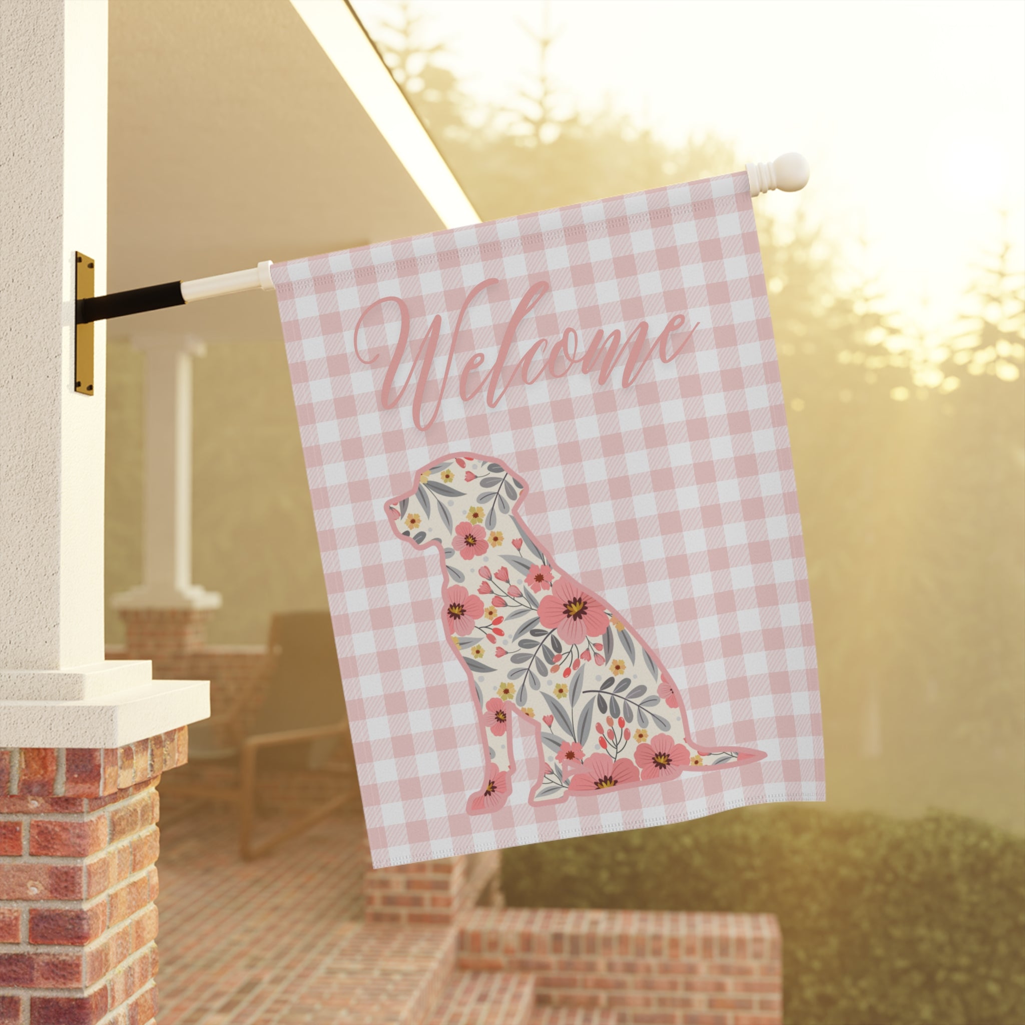 Pink Gingham Labrador Retriever Welcome Garden Banner, Floral Pet Décor, Outdoor Sign, Housewarming Gift