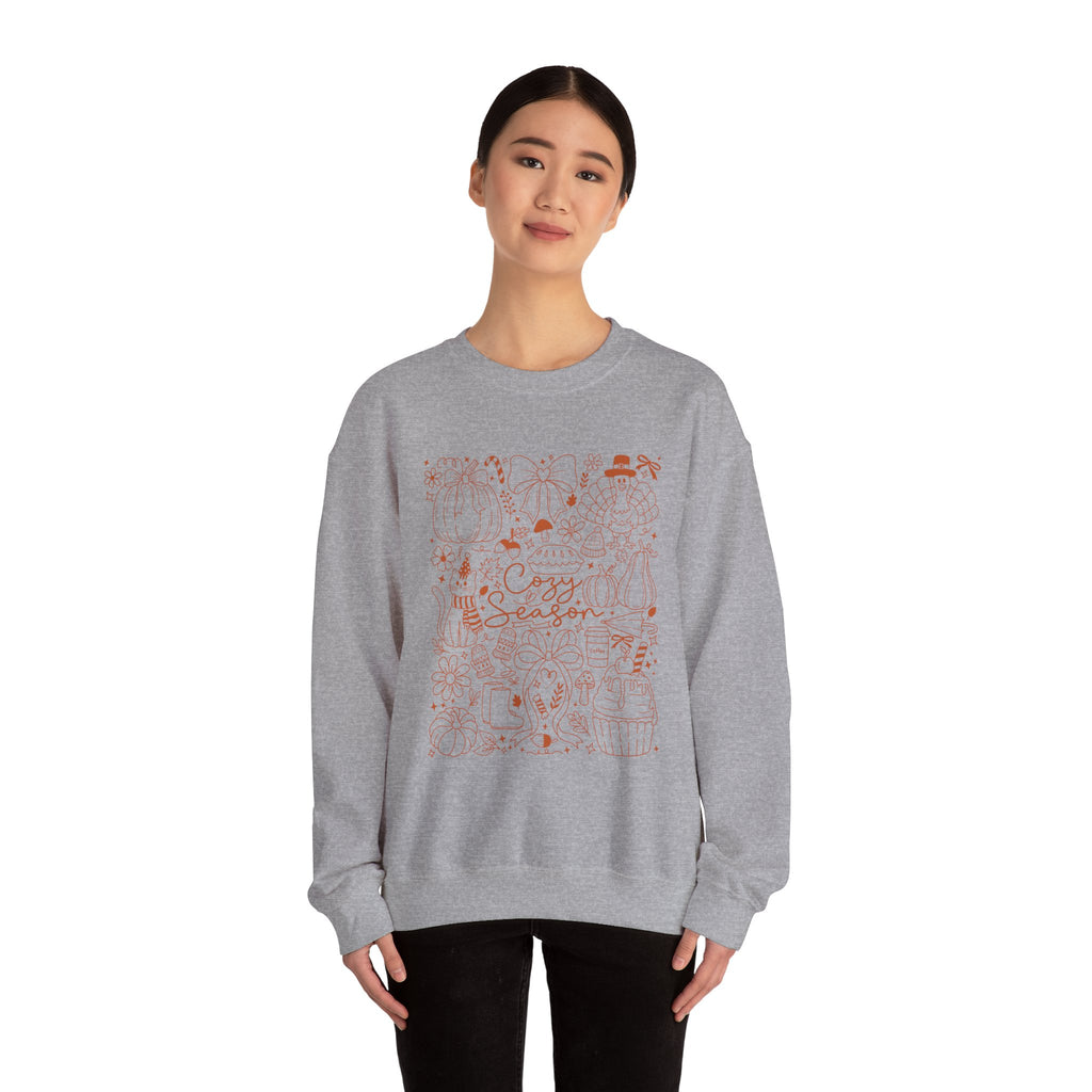 Cozy Season Crewneck Sweatshirt, Autumn Pumpkin & Leaves Fall Design