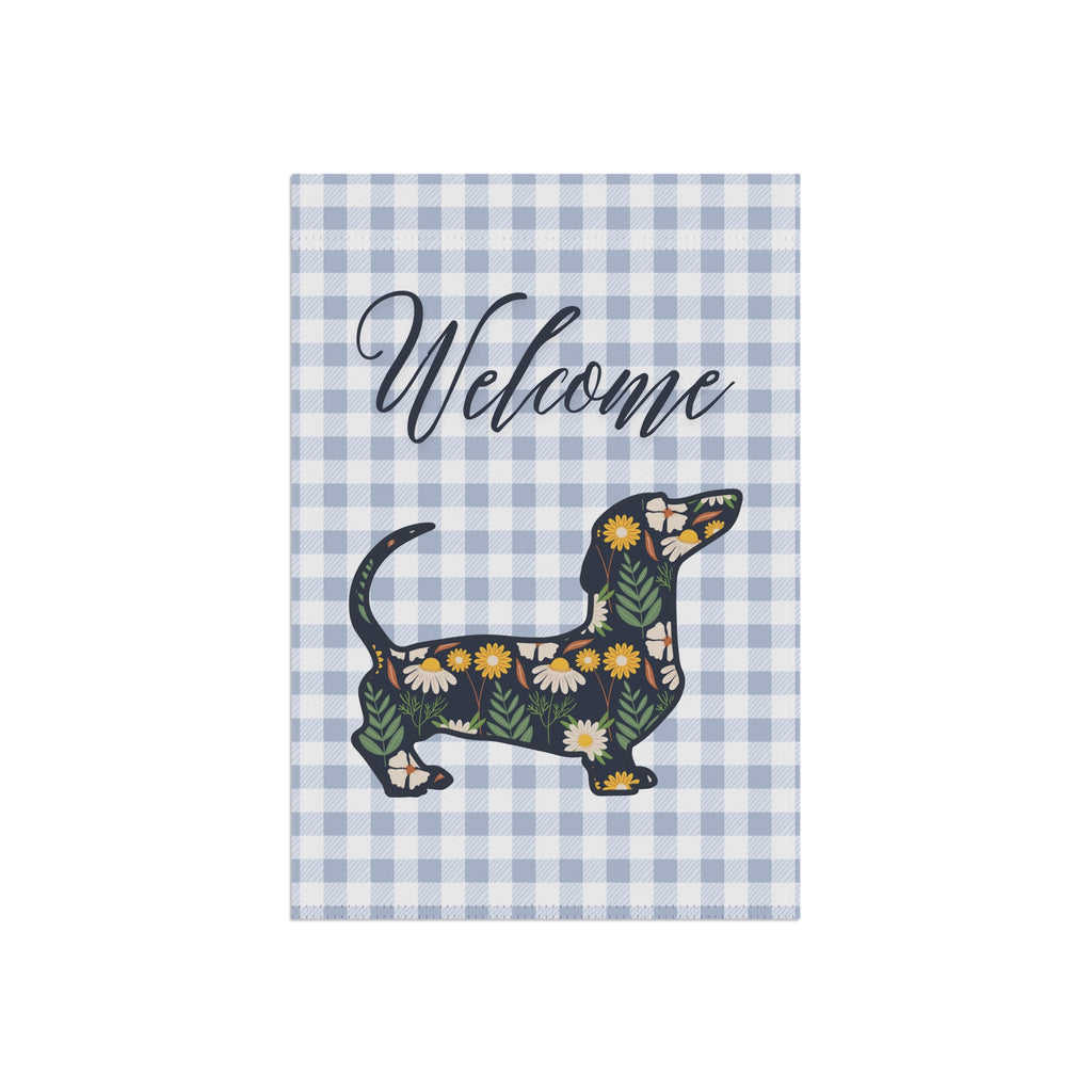 Blue Gingham Dachshund Welcome Garden Banner, Floral Pet Décor, Outdoor Sign, Housewarming Gift