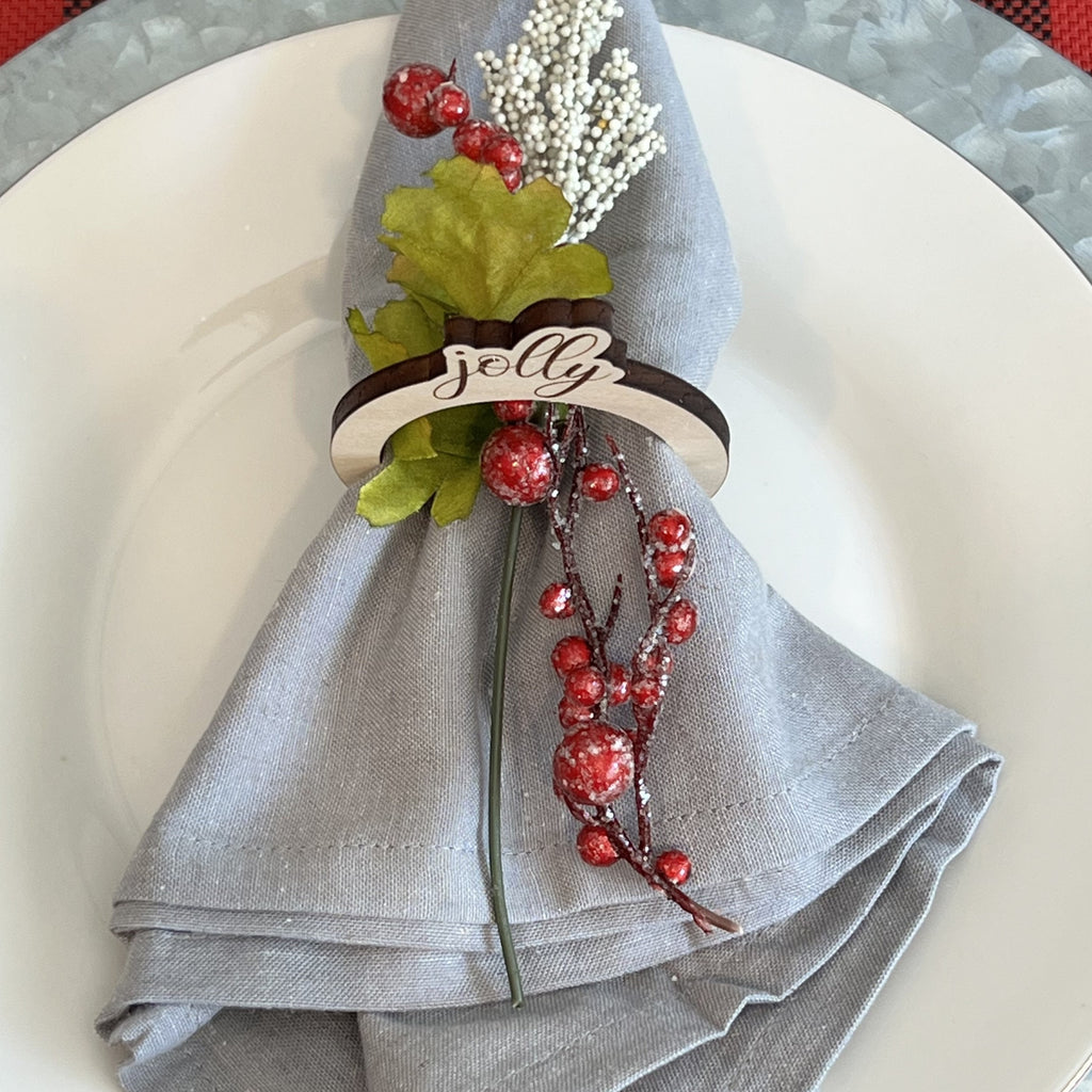 Set of 4 Wooden Christmas Napkin Ring Holders - Merry, Believe, Jolly, Joyful