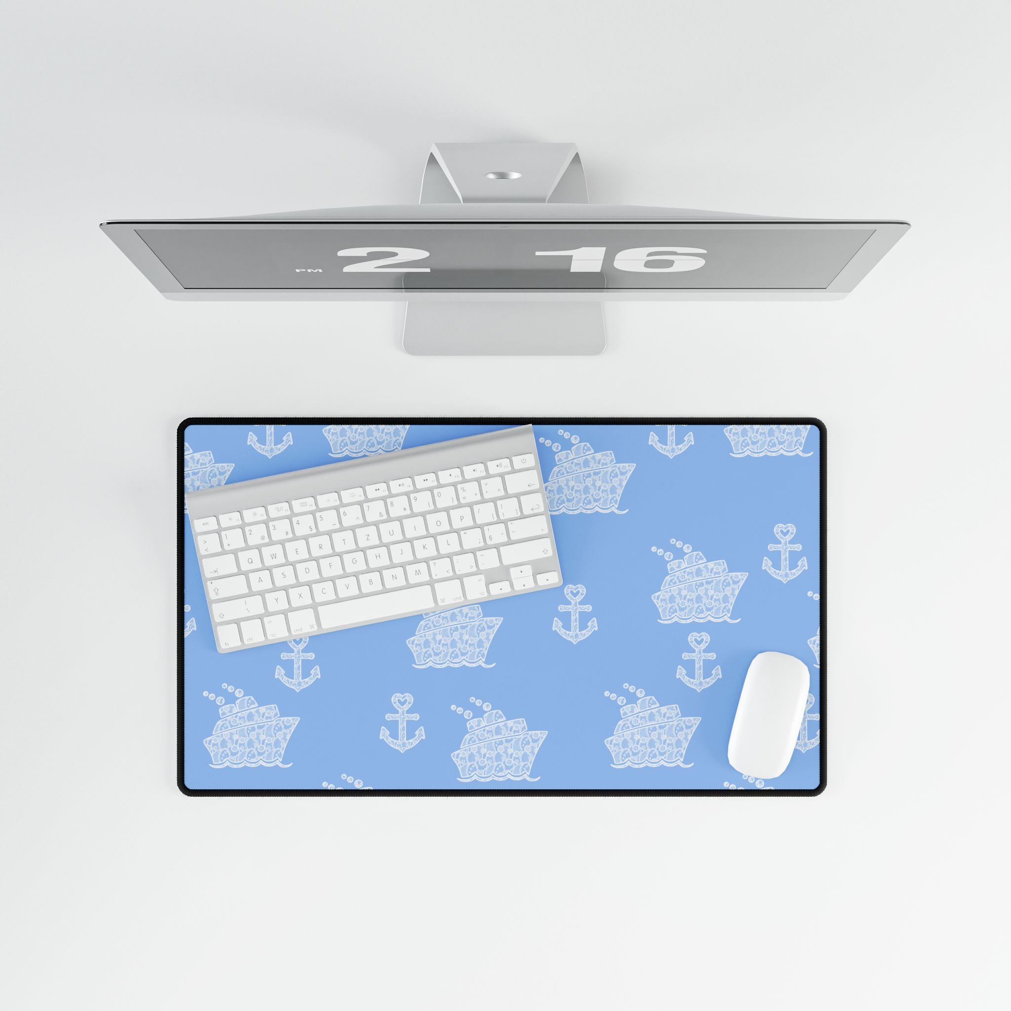 Baby Blue Cruise Ship Desk Mats and Mouse pads with White Lace Anchors and Ships, Office Decor, Cruise Gifts, Home Workspace