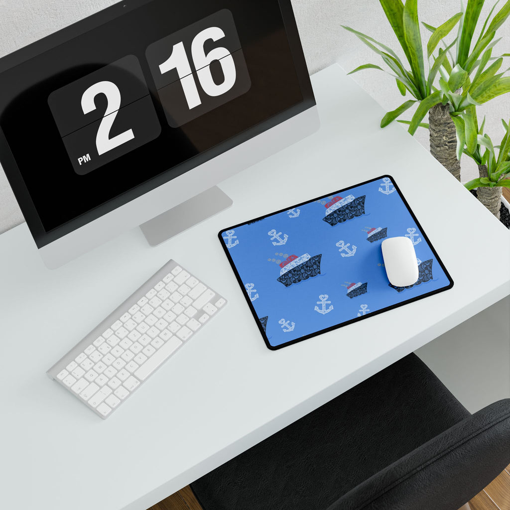 Blue Cruise Ship Desk Mats and Mouse pads with Lace Anchors and Ships, Office Decor, Cruise Gifts, Home Workspace