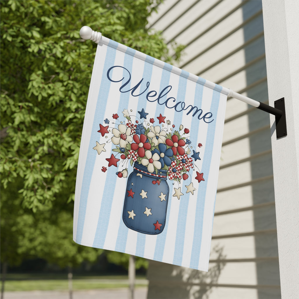Patriotic Floral Welcome Garden Banner, Floral Décor, Outdoor Flag, Housewarming Gift