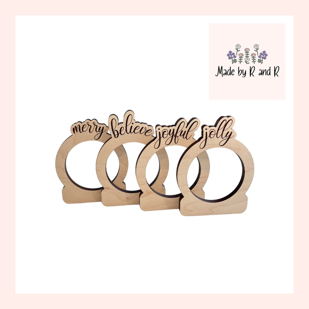 Set of 4 Wooden Christmas Napkin Ring Holders - Merry, Believe, Jolly, Joyful